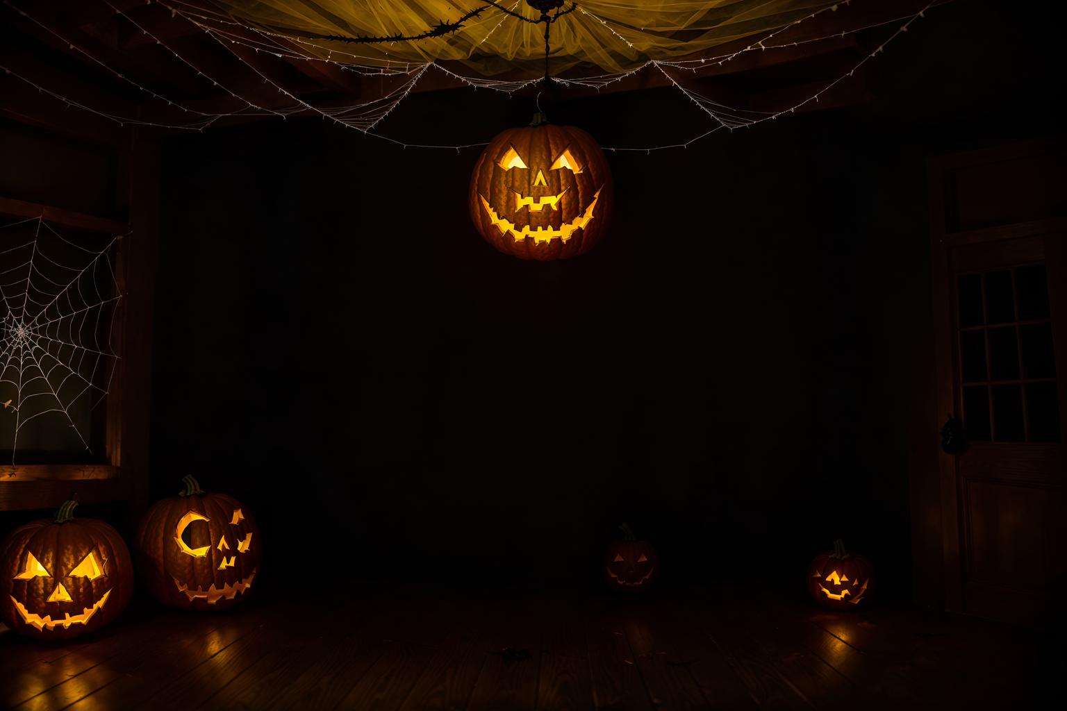 halloween-style (attic interior) . with glowing pumpkins and human skulls and yellow black balloons and cobwebs and lanterns and lanterns and spiderwebs and skeletons sitting and standing. . cinematic photo, highly detailed, cinematic lighting, ultra-detailed, ultrarealistic, photorealism, 8k. halloween interior design style. masterpiece, cinematic light, ultrarealistic+, photorealistic+, 8k, raw photo, realistic, sharp focus on eyes, (symmetrical eyes), (intact eyes), hyperrealistic, highest quality, best quality, , highly detailed, masterpiece, best quality, extremely detailed 8k wallpaper, masterpiece, best quality, ultra-detailed, best shadow, detailed background, detailed face, detailed eyes, high contrast, best illumination, detailed face, dulux, caustic, dynamic angle, detailed glow. dramatic lighting. highly detailed, insanely detailed hair, symmetrical, intricate details, professionally retouched, 8k high definition. strong bokeh. award winning photo.