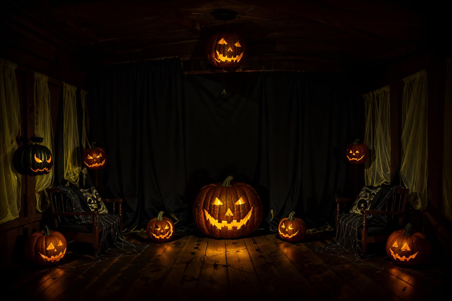 halloween-style (attic interior) . with glowing pumpkins and human skulls and yellow black balloons and cobwebs and lanterns and lanterns and spiderwebs and skeletons sitting and standing. . cinematic photo, highly detailed, cinematic lighting, ultra-detailed, ultrarealistic, photorealism, 8k. halloween interior design style. masterpiece, cinematic light, ultrarealistic+, photorealistic+, 8k, raw photo, realistic, sharp focus on eyes, (symmetrical eyes), (intact eyes), hyperrealistic, highest quality, best quality, , highly detailed, masterpiece, best quality, extremely detailed 8k wallpaper, masterpiece, best quality, ultra-detailed, best shadow, detailed background, detailed face, detailed eyes, high contrast, best illumination, detailed face, dulux, caustic, dynamic angle, detailed glow. dramatic lighting. highly detailed, insanely detailed hair, symmetrical, intricate details, professionally retouched, 8k high definition. strong bokeh. award winning photo.