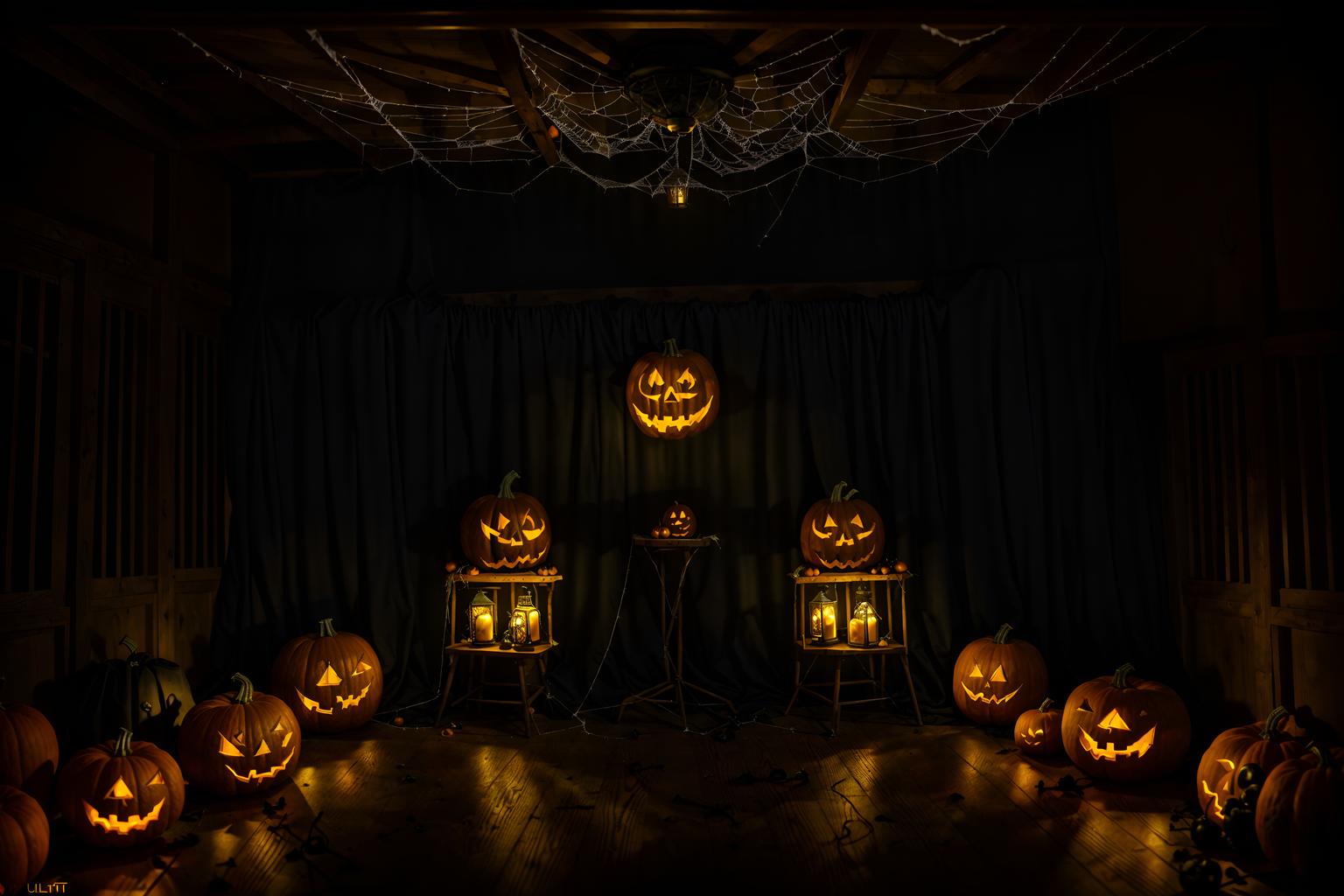 halloween-style (attic interior) . with glowing pumpkins and human skulls and yellow black balloons and cobwebs and lanterns and lanterns and spiderwebs and skeletons sitting and standing. . cinematic photo, highly detailed, cinematic lighting, ultra-detailed, ultrarealistic, photorealism, 8k. halloween interior design style. masterpiece, cinematic light, ultrarealistic+, photorealistic+, 8k, raw photo, realistic, sharp focus on eyes, (symmetrical eyes), (intact eyes), hyperrealistic, highest quality, best quality, , highly detailed, masterpiece, best quality, extremely detailed 8k wallpaper, masterpiece, best quality, ultra-detailed, best shadow, detailed background, detailed face, detailed eyes, high contrast, best illumination, detailed face, dulux, caustic, dynamic angle, detailed glow. dramatic lighting. highly detailed, insanely detailed hair, symmetrical, intricate details, professionally retouched, 8k high definition. strong bokeh. award winning photo.