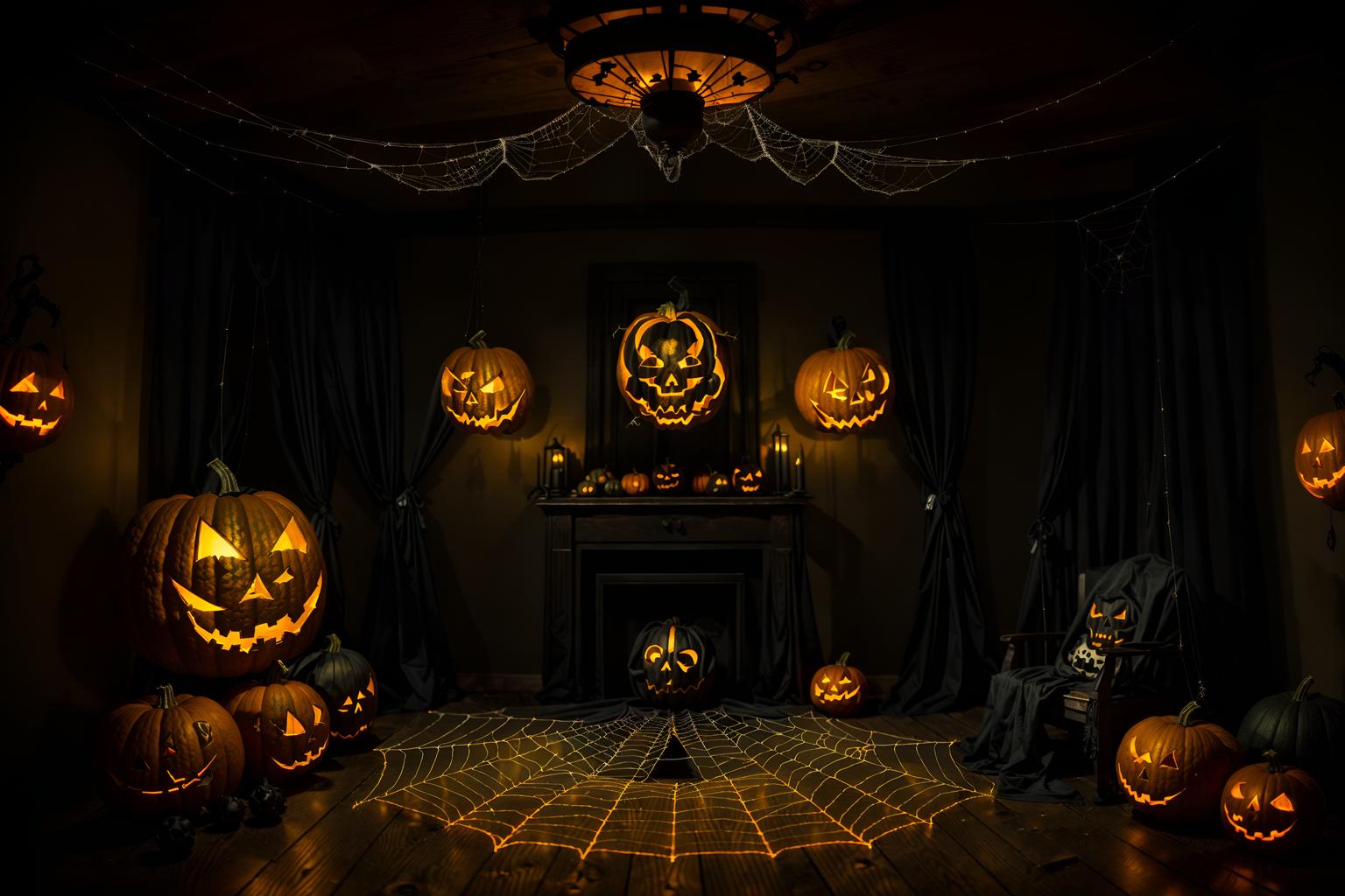 halloween-style (attic interior) . with glowing pumpkins and human skulls and yellow black balloons and cobwebs and lanterns and lanterns and spiderwebs and skeletons sitting and standing. . cinematic photo, highly detailed, cinematic lighting, ultra-detailed, ultrarealistic, photorealism, 8k. halloween interior design style. masterpiece, cinematic light, ultrarealistic+, photorealistic+, 8k, raw photo, realistic, sharp focus on eyes, (symmetrical eyes), (intact eyes), hyperrealistic, highest quality, best quality, , highly detailed, masterpiece, best quality, extremely detailed 8k wallpaper, masterpiece, best quality, ultra-detailed, best shadow, detailed background, detailed face, detailed eyes, high contrast, best illumination, detailed face, dulux, caustic, dynamic angle, detailed glow. dramatic lighting. highly detailed, insanely detailed hair, symmetrical, intricate details, professionally retouched, 8k high definition. strong bokeh. award winning photo.