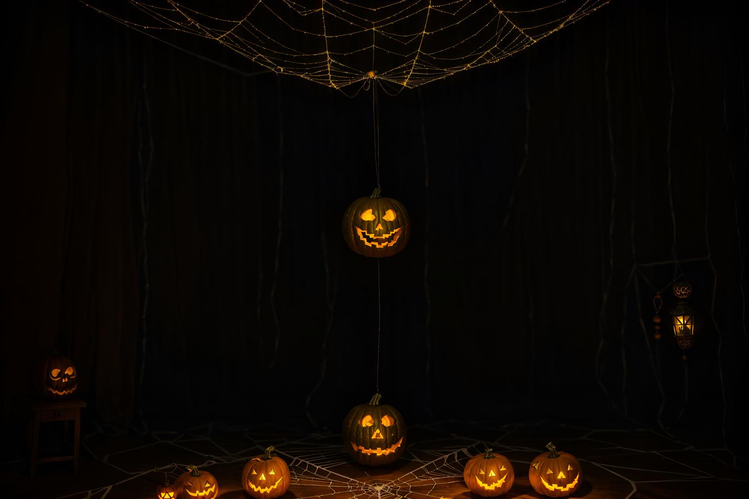 halloween-style (attic interior) . with glowing pumpkins and human skulls and yellow black balloons and cobwebs and lanterns and lanterns and spiderwebs and skeletons sitting and standing. . cinematic photo, highly detailed, cinematic lighting, ultra-detailed, ultrarealistic, photorealism, 8k. halloween interior design style. masterpiece, cinematic light, ultrarealistic+, photorealistic+, 8k, raw photo, realistic, sharp focus on eyes, (symmetrical eyes), (intact eyes), hyperrealistic, highest quality, best quality, , highly detailed, masterpiece, best quality, extremely detailed 8k wallpaper, masterpiece, best quality, ultra-detailed, best shadow, detailed background, detailed face, detailed eyes, high contrast, best illumination, detailed face, dulux, caustic, dynamic angle, detailed glow. dramatic lighting. highly detailed, insanely detailed hair, symmetrical, intricate details, professionally retouched, 8k high definition. strong bokeh. award winning photo.