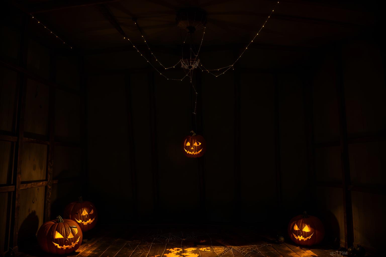 halloween-style (attic interior) . with glowing pumpkins and human skulls and yellow black balloons and cobwebs and lanterns and lanterns and spiderwebs and skeletons sitting and standing. . cinematic photo, highly detailed, cinematic lighting, ultra-detailed, ultrarealistic, photorealism, 8k. halloween interior design style. masterpiece, cinematic light, ultrarealistic+, photorealistic+, 8k, raw photo, realistic, sharp focus on eyes, (symmetrical eyes), (intact eyes), hyperrealistic, highest quality, best quality, , highly detailed, masterpiece, best quality, extremely detailed 8k wallpaper, masterpiece, best quality, ultra-detailed, best shadow, detailed background, detailed face, detailed eyes, high contrast, best illumination, detailed face, dulux, caustic, dynamic angle, detailed glow. dramatic lighting. highly detailed, insanely detailed hair, symmetrical, intricate details, professionally retouched, 8k high definition. strong bokeh. award winning photo.