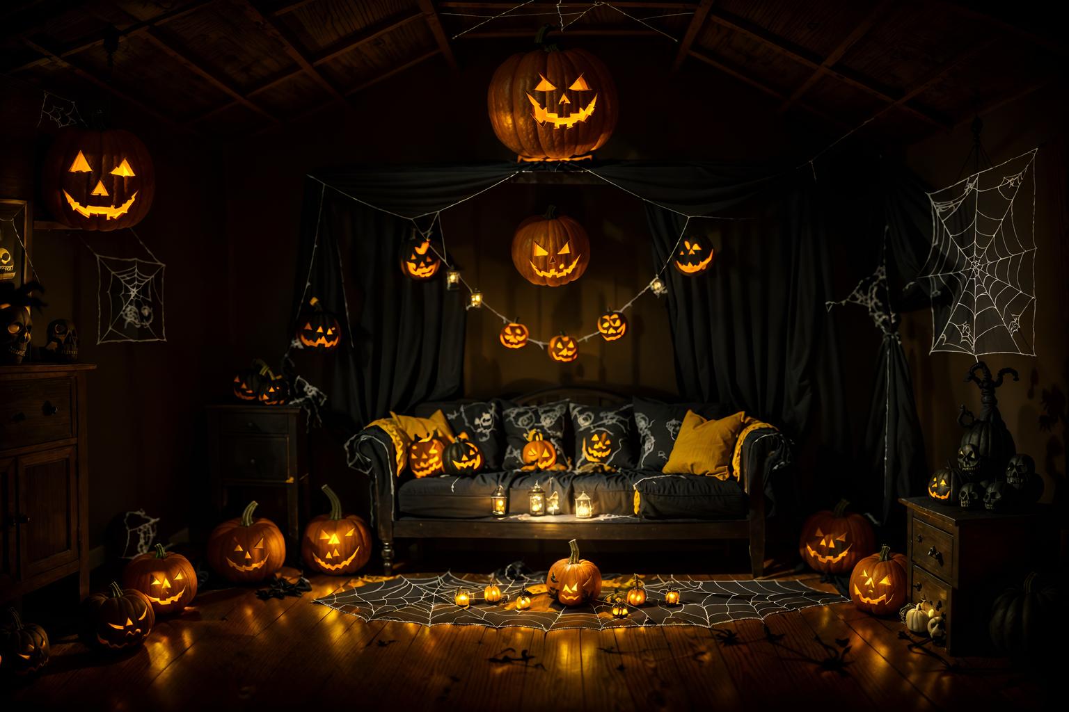 halloween-style (attic interior) . with glowing pumpkins and human skulls and yellow black balloons and cobwebs and lanterns and lanterns and spiderwebs and skeletons sitting and standing. . cinematic photo, highly detailed, cinematic lighting, ultra-detailed, ultrarealistic, photorealism, 8k. halloween interior design style. masterpiece, cinematic light, ultrarealistic+, photorealistic+, 8k, raw photo, realistic, sharp focus on eyes, (symmetrical eyes), (intact eyes), hyperrealistic, highest quality, best quality, , highly detailed, masterpiece, best quality, extremely detailed 8k wallpaper, masterpiece, best quality, ultra-detailed, best shadow, detailed background, detailed face, detailed eyes, high contrast, best illumination, detailed face, dulux, caustic, dynamic angle, detailed glow. dramatic lighting. highly detailed, insanely detailed hair, symmetrical, intricate details, professionally retouched, 8k high definition. strong bokeh. award winning photo.