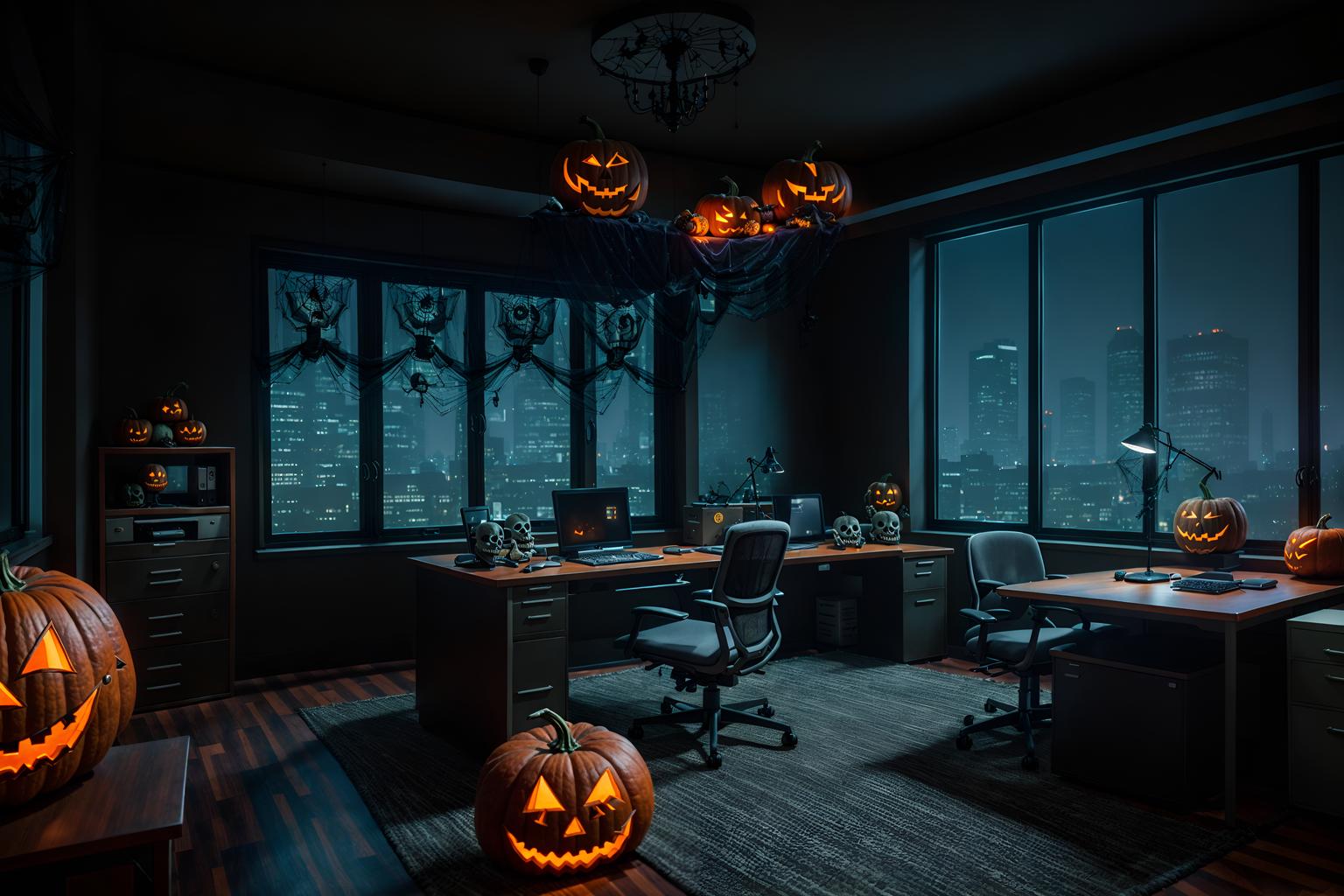 halloween-style (office interior) with office chairs and computer desks and windows and cabinets and lounge chairs and desk lamps and office desks and plants. . with glowing pumpkins and cobwebs and lanterns and human skulls and lanterns and skeletons sitting and standing and spiderwebs and cobwebs. . cinematic photo, highly detailed, cinematic lighting, ultra-detailed, ultrarealistic, photorealism, 8k. halloween interior design style. masterpiece, cinematic light, ultrarealistic+, photorealistic+, 8k, raw photo, realistic, sharp focus on eyes, (symmetrical eyes), (intact eyes), hyperrealistic, highest quality, best quality, , highly detailed, masterpiece, best quality, extremely detailed 8k wallpaper, masterpiece, best quality, ultra-detailed, best shadow, detailed background, detailed face, detailed eyes, high contrast, best illumination, detailed face, dulux, caustic, dynamic angle, detailed glow. dramatic lighting. highly detailed, insanely detailed hair, symmetrical, intricate details, professionally retouched, 8k high definition. strong bokeh. award winning photo.