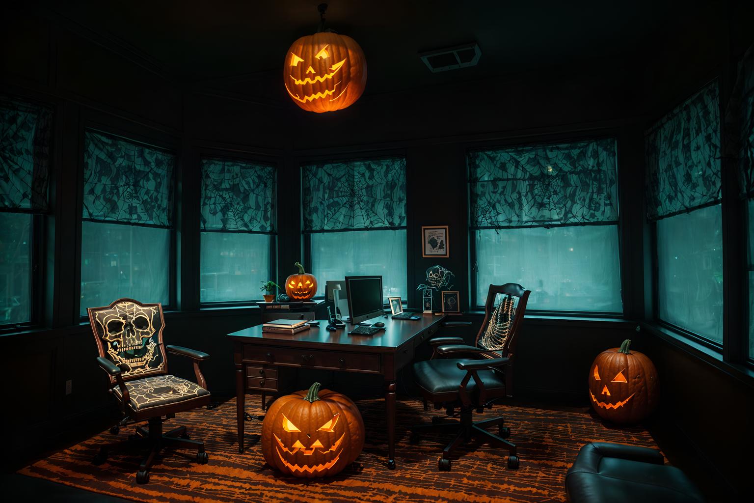 halloween-style (office interior) with office chairs and computer desks and windows and cabinets and lounge chairs and desk lamps and office desks and plants. . with glowing pumpkins and cobwebs and lanterns and human skulls and lanterns and skeletons sitting and standing and spiderwebs and cobwebs. . cinematic photo, highly detailed, cinematic lighting, ultra-detailed, ultrarealistic, photorealism, 8k. halloween interior design style. masterpiece, cinematic light, ultrarealistic+, photorealistic+, 8k, raw photo, realistic, sharp focus on eyes, (symmetrical eyes), (intact eyes), hyperrealistic, highest quality, best quality, , highly detailed, masterpiece, best quality, extremely detailed 8k wallpaper, masterpiece, best quality, ultra-detailed, best shadow, detailed background, detailed face, detailed eyes, high contrast, best illumination, detailed face, dulux, caustic, dynamic angle, detailed glow. dramatic lighting. highly detailed, insanely detailed hair, symmetrical, intricate details, professionally retouched, 8k high definition. strong bokeh. award winning photo.