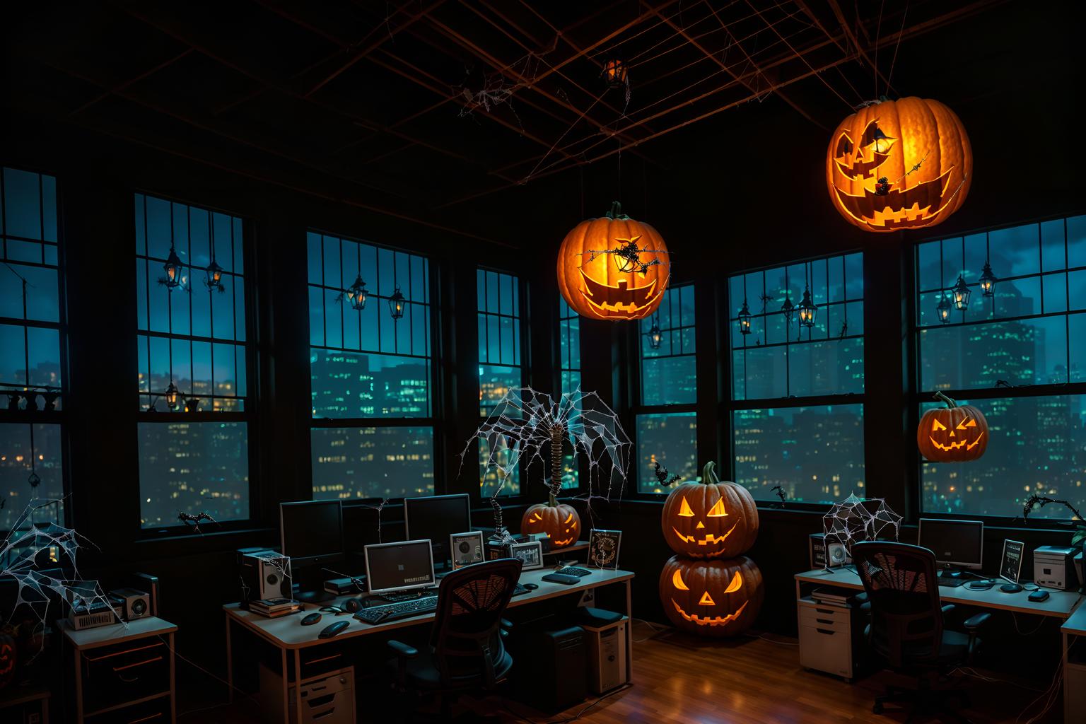 halloween-style (office interior) with office chairs and computer desks and windows and cabinets and lounge chairs and desk lamps and office desks and plants. . with glowing pumpkins and cobwebs and lanterns and human skulls and lanterns and skeletons sitting and standing and spiderwebs and cobwebs. . cinematic photo, highly detailed, cinematic lighting, ultra-detailed, ultrarealistic, photorealism, 8k. halloween interior design style. masterpiece, cinematic light, ultrarealistic+, photorealistic+, 8k, raw photo, realistic, sharp focus on eyes, (symmetrical eyes), (intact eyes), hyperrealistic, highest quality, best quality, , highly detailed, masterpiece, best quality, extremely detailed 8k wallpaper, masterpiece, best quality, ultra-detailed, best shadow, detailed background, detailed face, detailed eyes, high contrast, best illumination, detailed face, dulux, caustic, dynamic angle, detailed glow. dramatic lighting. highly detailed, insanely detailed hair, symmetrical, intricate details, professionally retouched, 8k high definition. strong bokeh. award winning photo.