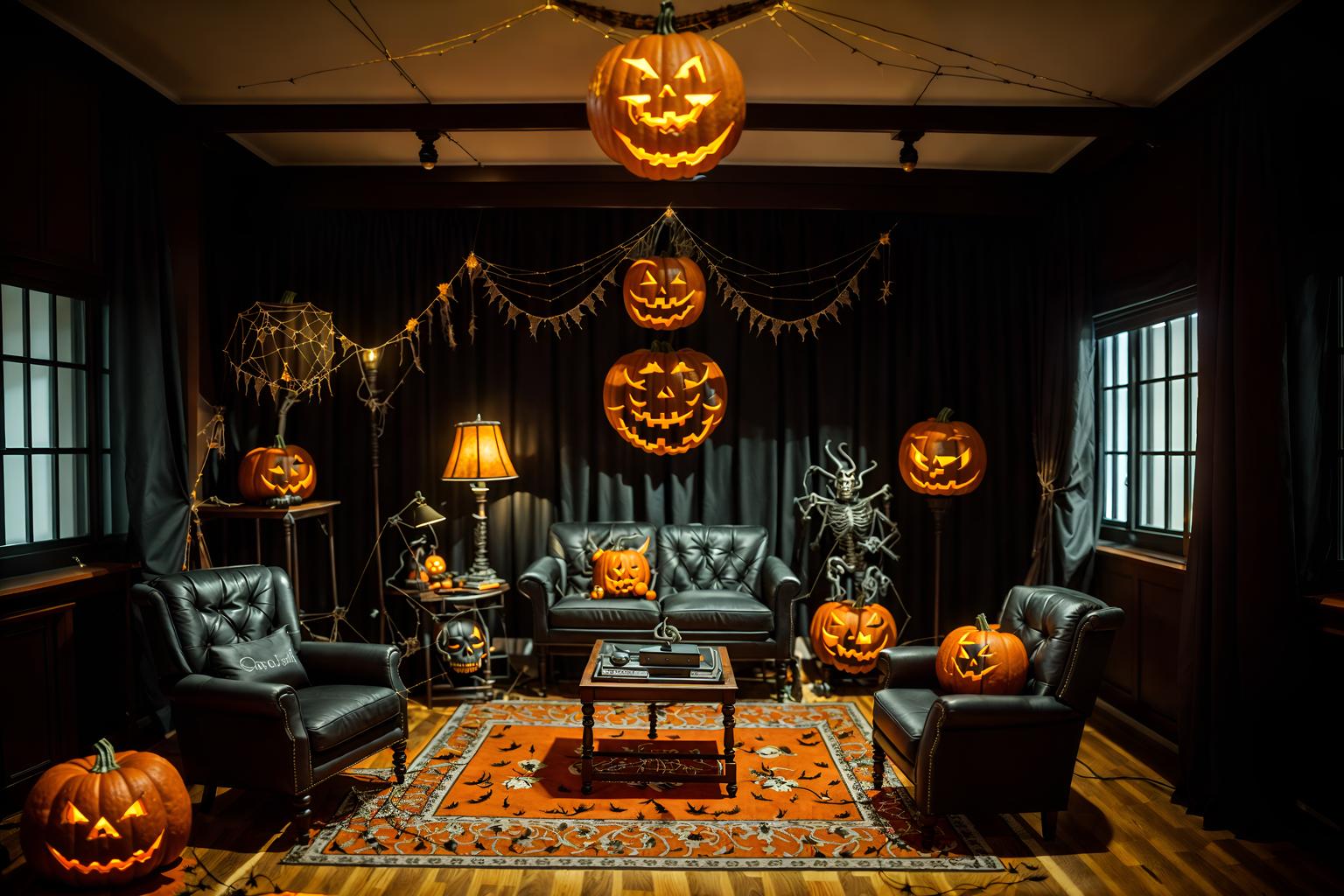 halloween-style (office interior) with office chairs and computer desks and windows and cabinets and lounge chairs and desk lamps and office desks and plants. . with glowing pumpkins and cobwebs and lanterns and human skulls and lanterns and skeletons sitting and standing and spiderwebs and cobwebs. . cinematic photo, highly detailed, cinematic lighting, ultra-detailed, ultrarealistic, photorealism, 8k. halloween interior design style. masterpiece, cinematic light, ultrarealistic+, photorealistic+, 8k, raw photo, realistic, sharp focus on eyes, (symmetrical eyes), (intact eyes), hyperrealistic, highest quality, best quality, , highly detailed, masterpiece, best quality, extremely detailed 8k wallpaper, masterpiece, best quality, ultra-detailed, best shadow, detailed background, detailed face, detailed eyes, high contrast, best illumination, detailed face, dulux, caustic, dynamic angle, detailed glow. dramatic lighting. highly detailed, insanely detailed hair, symmetrical, intricate details, professionally retouched, 8k high definition. strong bokeh. award winning photo.