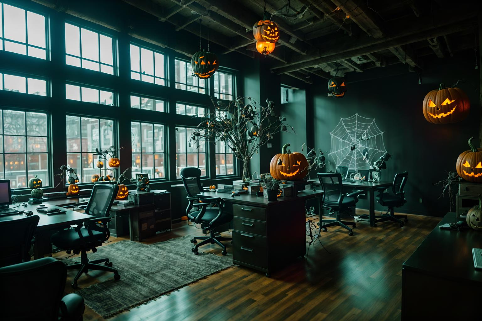 halloween-style (office interior) with office chairs and computer desks and windows and cabinets and lounge chairs and desk lamps and office desks and plants. . with glowing pumpkins and cobwebs and lanterns and human skulls and lanterns and skeletons sitting and standing and spiderwebs and cobwebs. . cinematic photo, highly detailed, cinematic lighting, ultra-detailed, ultrarealistic, photorealism, 8k. halloween interior design style. masterpiece, cinematic light, ultrarealistic+, photorealistic+, 8k, raw photo, realistic, sharp focus on eyes, (symmetrical eyes), (intact eyes), hyperrealistic, highest quality, best quality, , highly detailed, masterpiece, best quality, extremely detailed 8k wallpaper, masterpiece, best quality, ultra-detailed, best shadow, detailed background, detailed face, detailed eyes, high contrast, best illumination, detailed face, dulux, caustic, dynamic angle, detailed glow. dramatic lighting. highly detailed, insanely detailed hair, symmetrical, intricate details, professionally retouched, 8k high definition. strong bokeh. award winning photo.