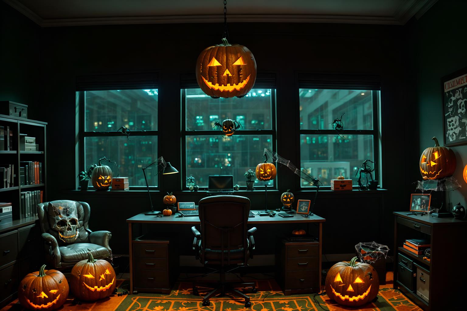 halloween-style (office interior) with office chairs and computer desks and windows and cabinets and lounge chairs and desk lamps and office desks and plants. . with glowing pumpkins and cobwebs and lanterns and human skulls and lanterns and skeletons sitting and standing and spiderwebs and cobwebs. . cinematic photo, highly detailed, cinematic lighting, ultra-detailed, ultrarealistic, photorealism, 8k. halloween interior design style. masterpiece, cinematic light, ultrarealistic+, photorealistic+, 8k, raw photo, realistic, sharp focus on eyes, (symmetrical eyes), (intact eyes), hyperrealistic, highest quality, best quality, , highly detailed, masterpiece, best quality, extremely detailed 8k wallpaper, masterpiece, best quality, ultra-detailed, best shadow, detailed background, detailed face, detailed eyes, high contrast, best illumination, detailed face, dulux, caustic, dynamic angle, detailed glow. dramatic lighting. highly detailed, insanely detailed hair, symmetrical, intricate details, professionally retouched, 8k high definition. strong bokeh. award winning photo.