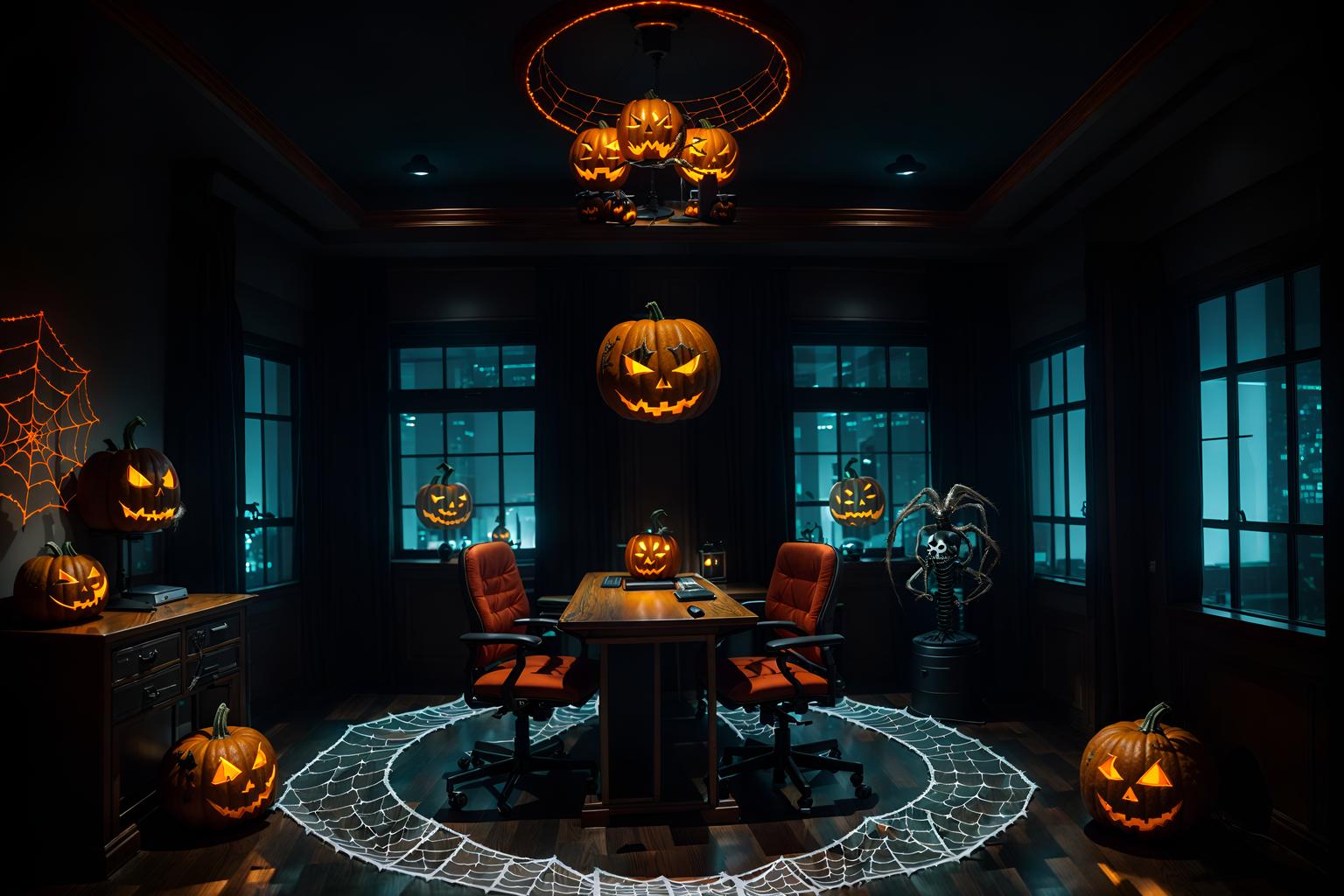 halloween-style (office interior) with office chairs and computer desks and windows and cabinets and lounge chairs and desk lamps and office desks and plants. . with glowing pumpkins and cobwebs and lanterns and human skulls and lanterns and skeletons sitting and standing and spiderwebs and cobwebs. . cinematic photo, highly detailed, cinematic lighting, ultra-detailed, ultrarealistic, photorealism, 8k. halloween interior design style. masterpiece, cinematic light, ultrarealistic+, photorealistic+, 8k, raw photo, realistic, sharp focus on eyes, (symmetrical eyes), (intact eyes), hyperrealistic, highest quality, best quality, , highly detailed, masterpiece, best quality, extremely detailed 8k wallpaper, masterpiece, best quality, ultra-detailed, best shadow, detailed background, detailed face, detailed eyes, high contrast, best illumination, detailed face, dulux, caustic, dynamic angle, detailed glow. dramatic lighting. highly detailed, insanely detailed hair, symmetrical, intricate details, professionally retouched, 8k high definition. strong bokeh. award winning photo.