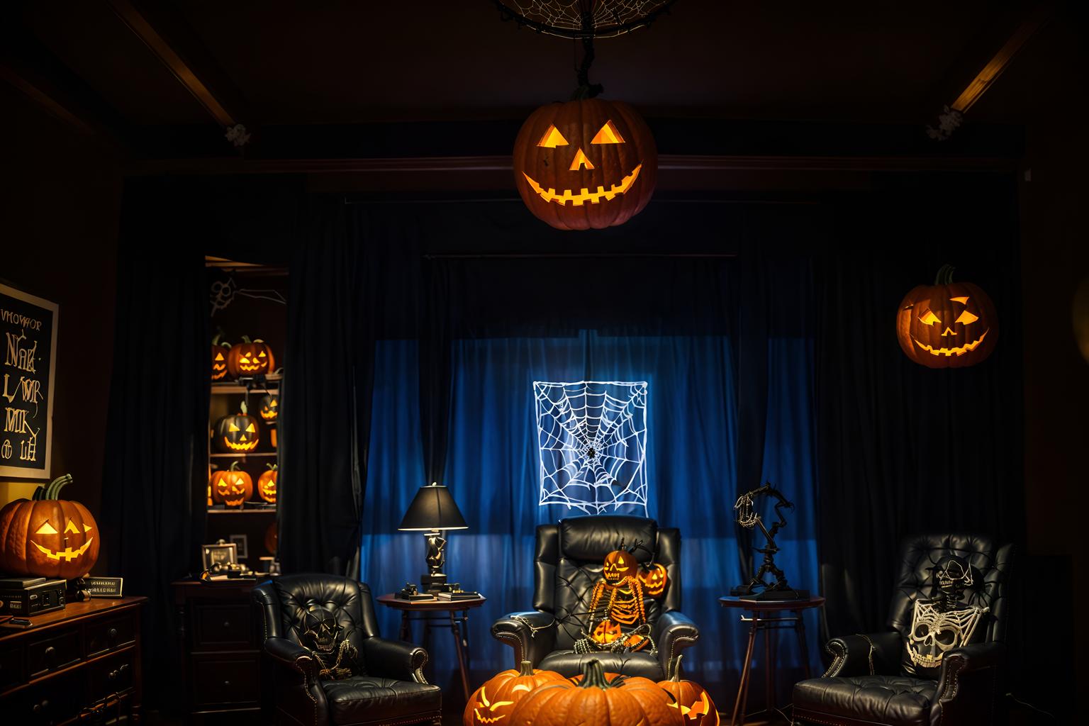 halloween-style (office interior) with office chairs and computer desks and windows and cabinets and lounge chairs and desk lamps and office desks and plants. . with glowing pumpkins and cobwebs and lanterns and human skulls and lanterns and skeletons sitting and standing and spiderwebs and cobwebs. . cinematic photo, highly detailed, cinematic lighting, ultra-detailed, ultrarealistic, photorealism, 8k. halloween interior design style. masterpiece, cinematic light, ultrarealistic+, photorealistic+, 8k, raw photo, realistic, sharp focus on eyes, (symmetrical eyes), (intact eyes), hyperrealistic, highest quality, best quality, , highly detailed, masterpiece, best quality, extremely detailed 8k wallpaper, masterpiece, best quality, ultra-detailed, best shadow, detailed background, detailed face, detailed eyes, high contrast, best illumination, detailed face, dulux, caustic, dynamic angle, detailed glow. dramatic lighting. highly detailed, insanely detailed hair, symmetrical, intricate details, professionally retouched, 8k high definition. strong bokeh. award winning photo.