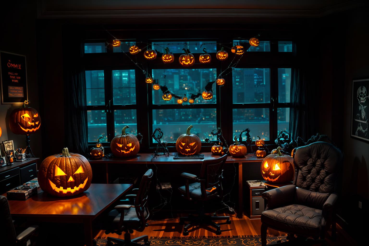 halloween-style (office interior) with office chairs and computer desks and windows and cabinets and lounge chairs and desk lamps and office desks and plants. . with glowing pumpkins and cobwebs and lanterns and human skulls and lanterns and skeletons sitting and standing and spiderwebs and cobwebs. . cinematic photo, highly detailed, cinematic lighting, ultra-detailed, ultrarealistic, photorealism, 8k. halloween interior design style. masterpiece, cinematic light, ultrarealistic+, photorealistic+, 8k, raw photo, realistic, sharp focus on eyes, (symmetrical eyes), (intact eyes), hyperrealistic, highest quality, best quality, , highly detailed, masterpiece, best quality, extremely detailed 8k wallpaper, masterpiece, best quality, ultra-detailed, best shadow, detailed background, detailed face, detailed eyes, high contrast, best illumination, detailed face, dulux, caustic, dynamic angle, detailed glow. dramatic lighting. highly detailed, insanely detailed hair, symmetrical, intricate details, professionally retouched, 8k high definition. strong bokeh. award winning photo.