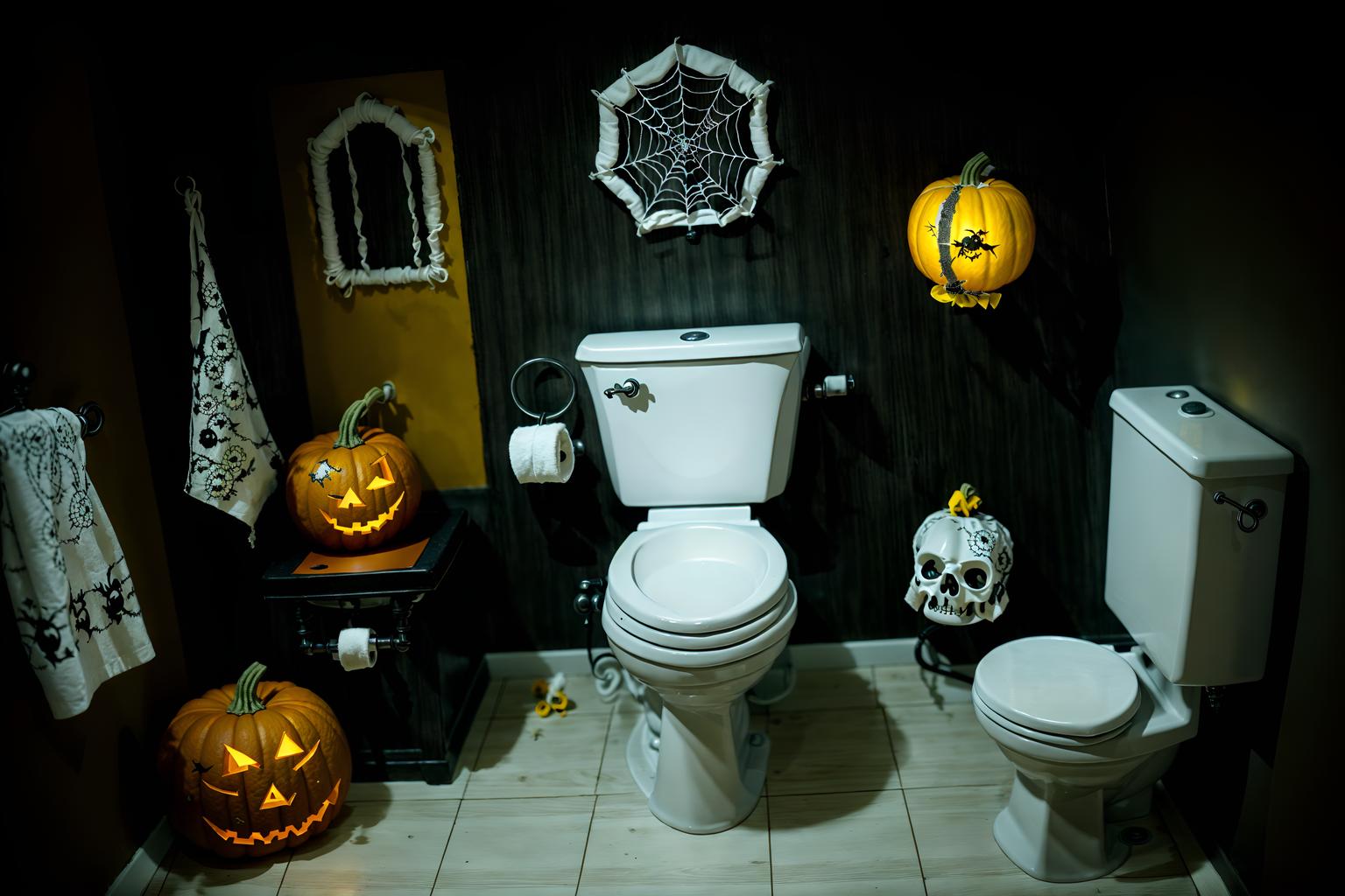 halloween-style (toilet interior) with sink with tap and toilet paper hanger and toilet with toilet seat up and sink with tap. . with yellow black balloons and lanterns and cobwebs and human skulls and lanterns and cobwebs and glowing pumpkins and spiderwebs. . cinematic photo, highly detailed, cinematic lighting, ultra-detailed, ultrarealistic, photorealism, 8k. halloween interior design style. masterpiece, cinematic light, ultrarealistic+, photorealistic+, 8k, raw photo, realistic, sharp focus on eyes, (symmetrical eyes), (intact eyes), hyperrealistic, highest quality, best quality, , highly detailed, masterpiece, best quality, extremely detailed 8k wallpaper, masterpiece, best quality, ultra-detailed, best shadow, detailed background, detailed face, detailed eyes, high contrast, best illumination, detailed face, dulux, caustic, dynamic angle, detailed glow. dramatic lighting. highly detailed, insanely detailed hair, symmetrical, intricate details, professionally retouched, 8k high definition. strong bokeh. award winning photo.