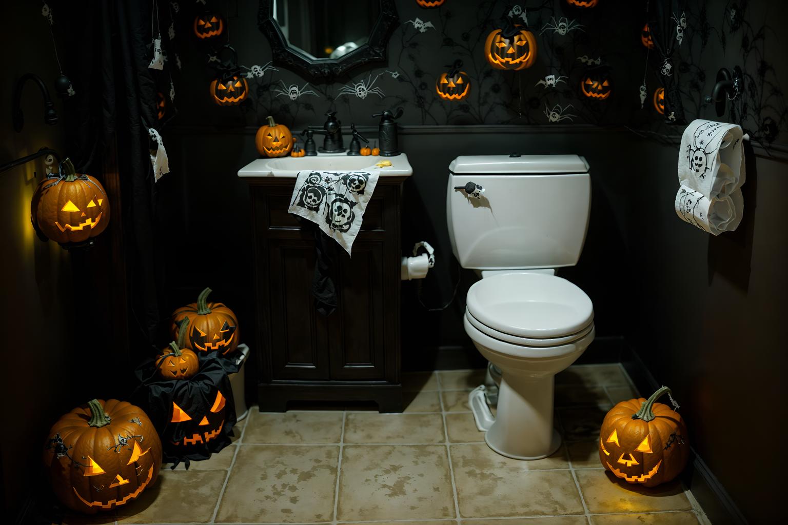 halloween-style (toilet interior) with sink with tap and toilet paper hanger and toilet with toilet seat up and sink with tap. . with yellow black balloons and lanterns and cobwebs and human skulls and lanterns and cobwebs and glowing pumpkins and spiderwebs. . cinematic photo, highly detailed, cinematic lighting, ultra-detailed, ultrarealistic, photorealism, 8k. halloween interior design style. masterpiece, cinematic light, ultrarealistic+, photorealistic+, 8k, raw photo, realistic, sharp focus on eyes, (symmetrical eyes), (intact eyes), hyperrealistic, highest quality, best quality, , highly detailed, masterpiece, best quality, extremely detailed 8k wallpaper, masterpiece, best quality, ultra-detailed, best shadow, detailed background, detailed face, detailed eyes, high contrast, best illumination, detailed face, dulux, caustic, dynamic angle, detailed glow. dramatic lighting. highly detailed, insanely detailed hair, symmetrical, intricate details, professionally retouched, 8k high definition. strong bokeh. award winning photo.