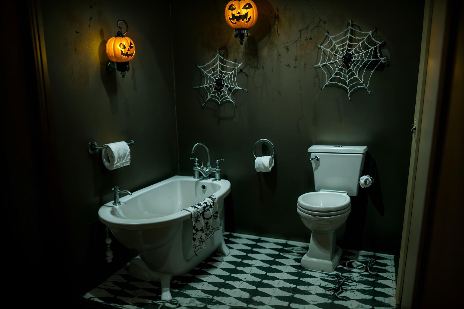 halloween-style (toilet interior) with sink with tap and toilet paper hanger and toilet with toilet seat up and sink with tap. . with yellow black balloons and lanterns and cobwebs and human skulls and lanterns and cobwebs and glowing pumpkins and spiderwebs. . cinematic photo, highly detailed, cinematic lighting, ultra-detailed, ultrarealistic, photorealism, 8k. halloween interior design style. masterpiece, cinematic light, ultrarealistic+, photorealistic+, 8k, raw photo, realistic, sharp focus on eyes, (symmetrical eyes), (intact eyes), hyperrealistic, highest quality, best quality, , highly detailed, masterpiece, best quality, extremely detailed 8k wallpaper, masterpiece, best quality, ultra-detailed, best shadow, detailed background, detailed face, detailed eyes, high contrast, best illumination, detailed face, dulux, caustic, dynamic angle, detailed glow. dramatic lighting. highly detailed, insanely detailed hair, symmetrical, intricate details, professionally retouched, 8k high definition. strong bokeh. award winning photo.