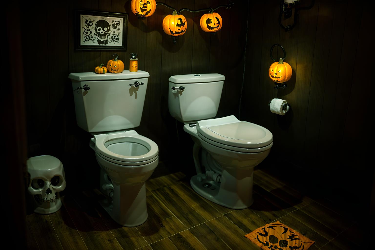 halloween-style (toilet interior) with sink with tap and toilet paper hanger and toilet with toilet seat up and sink with tap. . with yellow black balloons and lanterns and cobwebs and human skulls and lanterns and cobwebs and glowing pumpkins and spiderwebs. . cinematic photo, highly detailed, cinematic lighting, ultra-detailed, ultrarealistic, photorealism, 8k. halloween interior design style. masterpiece, cinematic light, ultrarealistic+, photorealistic+, 8k, raw photo, realistic, sharp focus on eyes, (symmetrical eyes), (intact eyes), hyperrealistic, highest quality, best quality, , highly detailed, masterpiece, best quality, extremely detailed 8k wallpaper, masterpiece, best quality, ultra-detailed, best shadow, detailed background, detailed face, detailed eyes, high contrast, best illumination, detailed face, dulux, caustic, dynamic angle, detailed glow. dramatic lighting. highly detailed, insanely detailed hair, symmetrical, intricate details, professionally retouched, 8k high definition. strong bokeh. award winning photo.