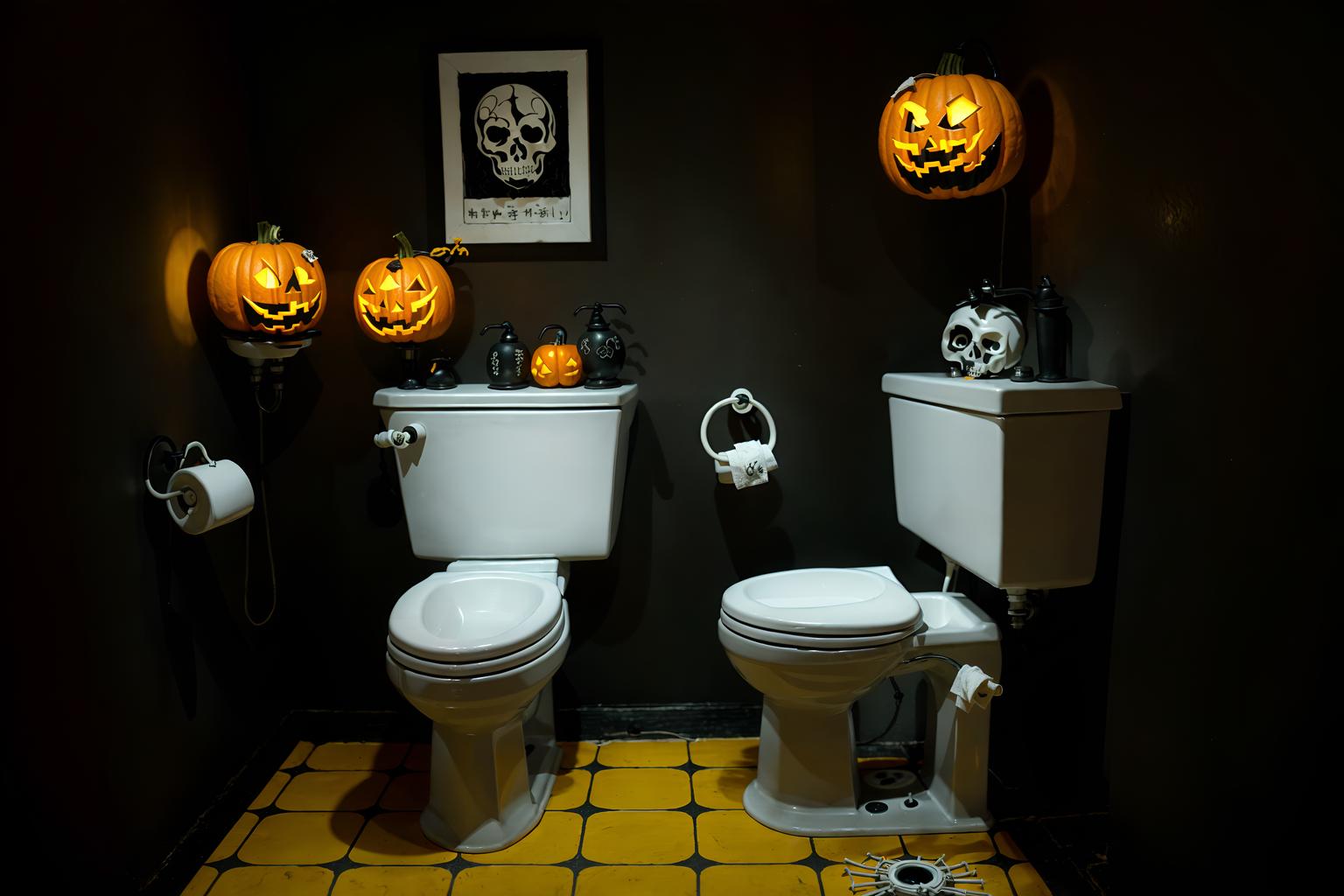 halloween-style (toilet interior) with sink with tap and toilet paper hanger and toilet with toilet seat up and sink with tap. . with yellow black balloons and lanterns and cobwebs and human skulls and lanterns and cobwebs and glowing pumpkins and spiderwebs. . cinematic photo, highly detailed, cinematic lighting, ultra-detailed, ultrarealistic, photorealism, 8k. halloween interior design style. masterpiece, cinematic light, ultrarealistic+, photorealistic+, 8k, raw photo, realistic, sharp focus on eyes, (symmetrical eyes), (intact eyes), hyperrealistic, highest quality, best quality, , highly detailed, masterpiece, best quality, extremely detailed 8k wallpaper, masterpiece, best quality, ultra-detailed, best shadow, detailed background, detailed face, detailed eyes, high contrast, best illumination, detailed face, dulux, caustic, dynamic angle, detailed glow. dramatic lighting. highly detailed, insanely detailed hair, symmetrical, intricate details, professionally retouched, 8k high definition. strong bokeh. award winning photo.