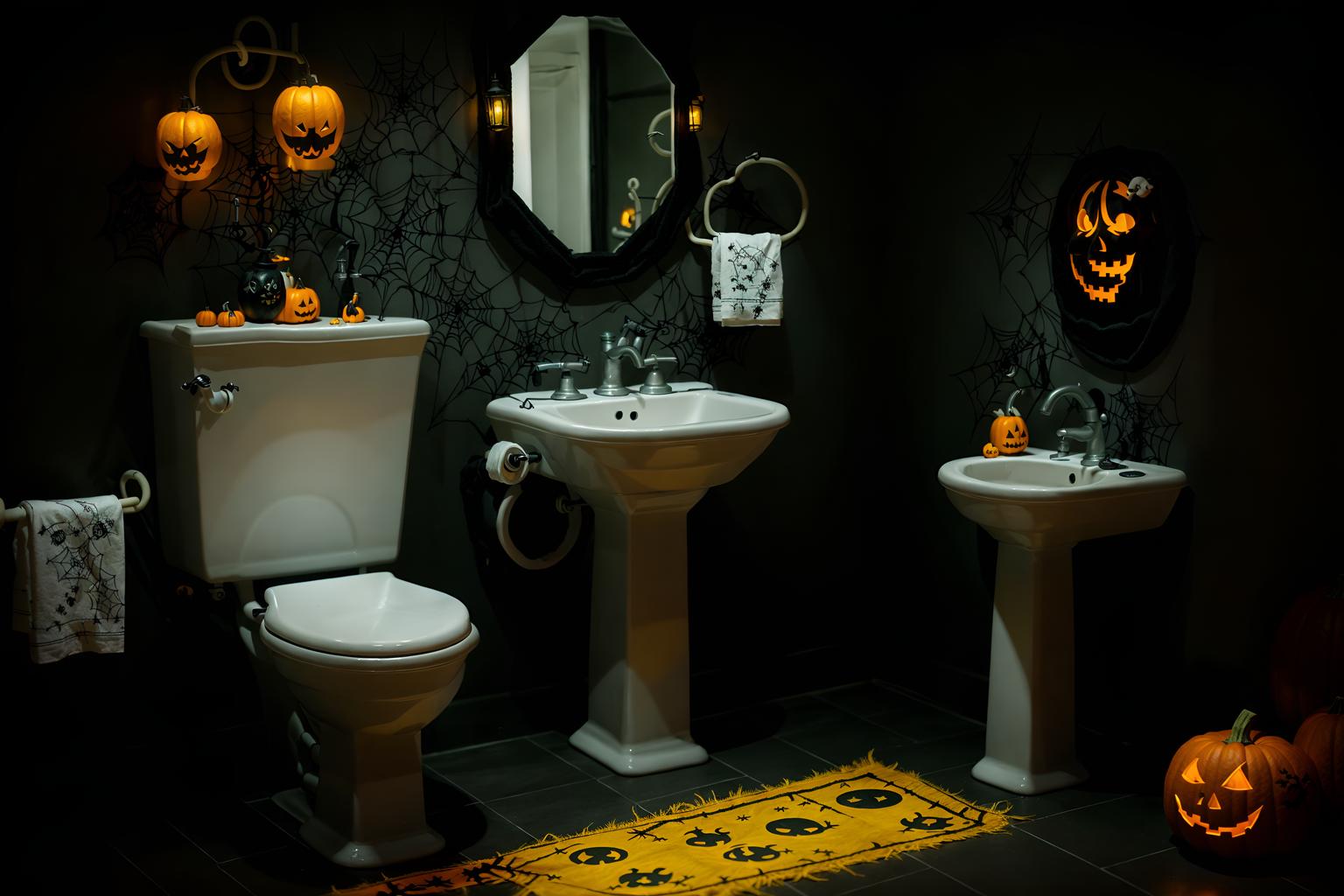 halloween-style (toilet interior) with sink with tap and toilet paper hanger and toilet with toilet seat up and sink with tap. . with yellow black balloons and lanterns and cobwebs and human skulls and lanterns and cobwebs and glowing pumpkins and spiderwebs. . cinematic photo, highly detailed, cinematic lighting, ultra-detailed, ultrarealistic, photorealism, 8k. halloween interior design style. masterpiece, cinematic light, ultrarealistic+, photorealistic+, 8k, raw photo, realistic, sharp focus on eyes, (symmetrical eyes), (intact eyes), hyperrealistic, highest quality, best quality, , highly detailed, masterpiece, best quality, extremely detailed 8k wallpaper, masterpiece, best quality, ultra-detailed, best shadow, detailed background, detailed face, detailed eyes, high contrast, best illumination, detailed face, dulux, caustic, dynamic angle, detailed glow. dramatic lighting. highly detailed, insanely detailed hair, symmetrical, intricate details, professionally retouched, 8k high definition. strong bokeh. award winning photo.