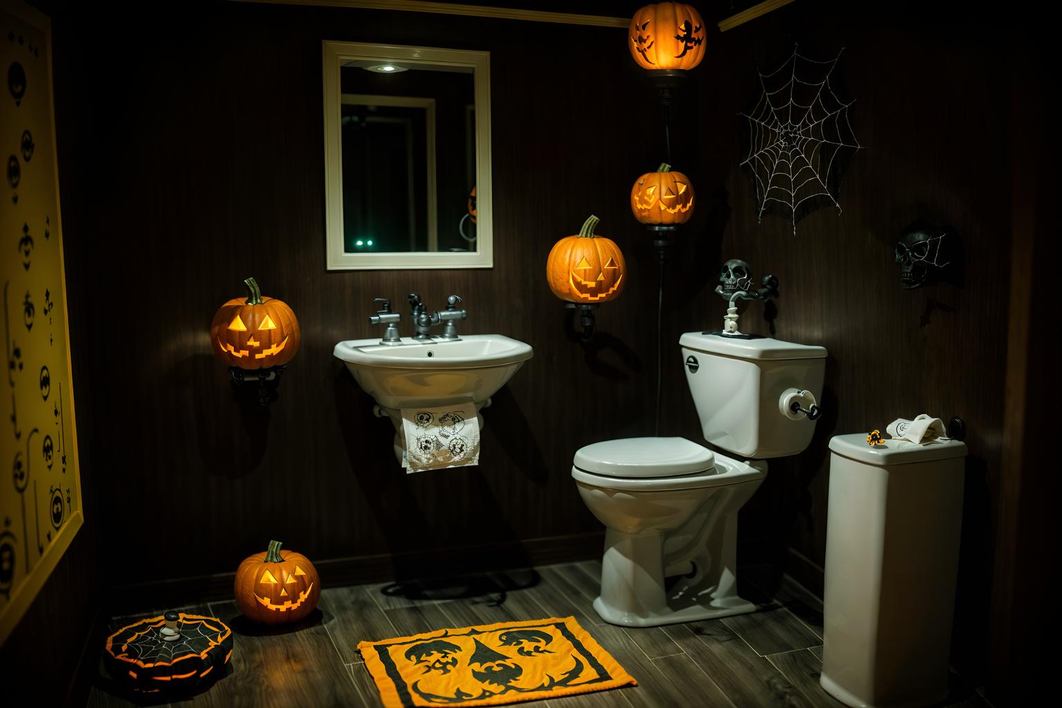 halloween-style (toilet interior) with sink with tap and toilet paper hanger and toilet with toilet seat up and sink with tap. . with yellow black balloons and lanterns and cobwebs and human skulls and lanterns and cobwebs and glowing pumpkins and spiderwebs. . cinematic photo, highly detailed, cinematic lighting, ultra-detailed, ultrarealistic, photorealism, 8k. halloween interior design style. masterpiece, cinematic light, ultrarealistic+, photorealistic+, 8k, raw photo, realistic, sharp focus on eyes, (symmetrical eyes), (intact eyes), hyperrealistic, highest quality, best quality, , highly detailed, masterpiece, best quality, extremely detailed 8k wallpaper, masterpiece, best quality, ultra-detailed, best shadow, detailed background, detailed face, detailed eyes, high contrast, best illumination, detailed face, dulux, caustic, dynamic angle, detailed glow. dramatic lighting. highly detailed, insanely detailed hair, symmetrical, intricate details, professionally retouched, 8k high definition. strong bokeh. award winning photo.