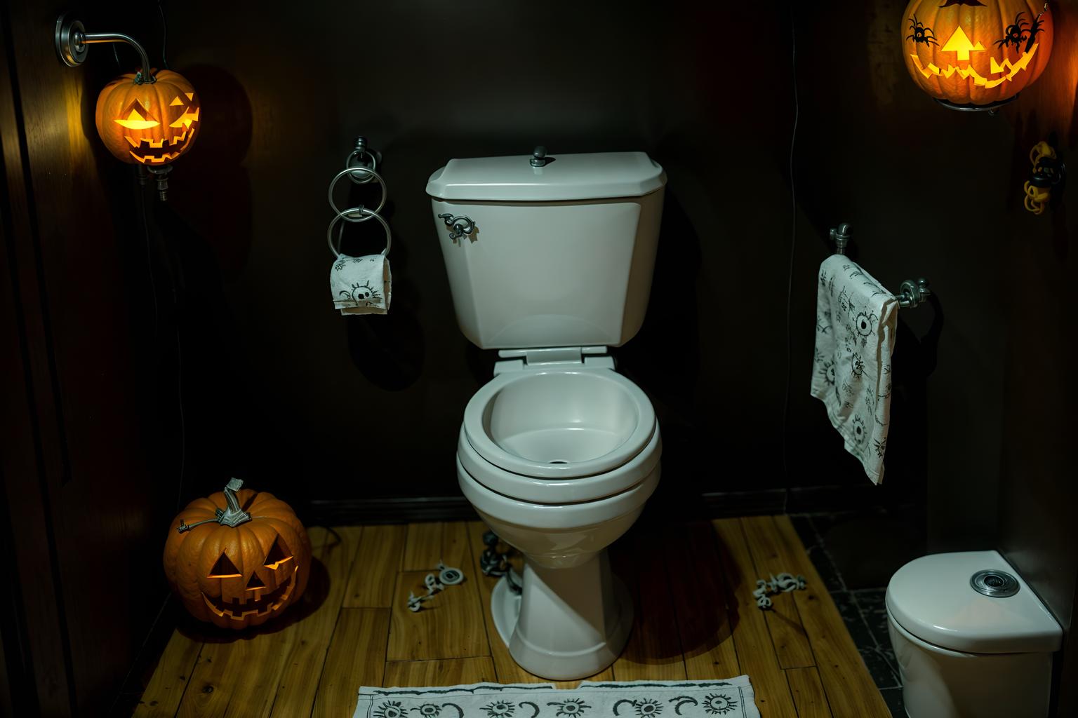 halloween-style (toilet interior) with sink with tap and toilet paper hanger and toilet with toilet seat up and sink with tap. . with yellow black balloons and lanterns and cobwebs and human skulls and lanterns and cobwebs and glowing pumpkins and spiderwebs. . cinematic photo, highly detailed, cinematic lighting, ultra-detailed, ultrarealistic, photorealism, 8k. halloween interior design style. masterpiece, cinematic light, ultrarealistic+, photorealistic+, 8k, raw photo, realistic, sharp focus on eyes, (symmetrical eyes), (intact eyes), hyperrealistic, highest quality, best quality, , highly detailed, masterpiece, best quality, extremely detailed 8k wallpaper, masterpiece, best quality, ultra-detailed, best shadow, detailed background, detailed face, detailed eyes, high contrast, best illumination, detailed face, dulux, caustic, dynamic angle, detailed glow. dramatic lighting. highly detailed, insanely detailed hair, symmetrical, intricate details, professionally retouched, 8k high definition. strong bokeh. award winning photo.
