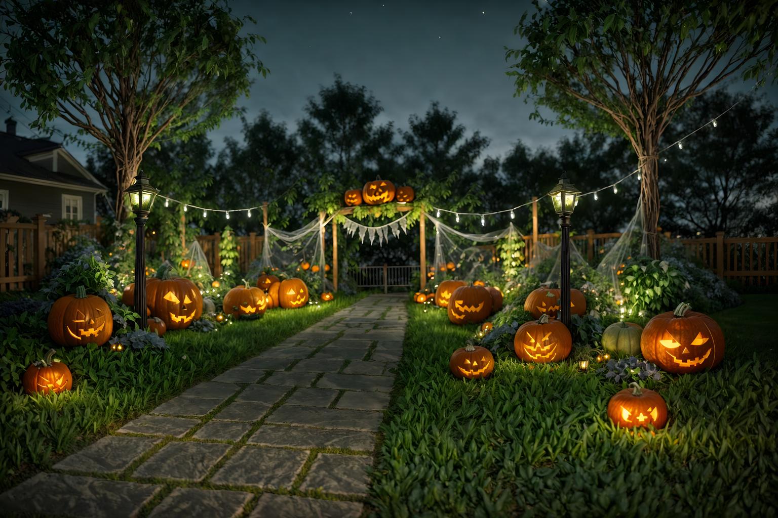 halloween-style designed (outdoor garden ) with garden plants and garden tree and grass and garden plants. . with glowing pumpkins and spiderwebs and lanterns and human skulls and lanterns and cobwebs and skeletons sitting and standing and yellow black balloons. . cinematic photo, highly detailed, cinematic lighting, ultra-detailed, ultrarealistic, photorealism, 8k. halloween design style. masterpiece, cinematic light, ultrarealistic+, photorealistic+, 8k, raw photo, realistic, sharp focus on eyes, (symmetrical eyes), (intact eyes), hyperrealistic, highest quality, best quality, , highly detailed, masterpiece, best quality, extremely detailed 8k wallpaper, masterpiece, best quality, ultra-detailed, best shadow, detailed background, detailed face, detailed eyes, high contrast, best illumination, detailed face, dulux, caustic, dynamic angle, detailed glow. dramatic lighting. highly detailed, insanely detailed hair, symmetrical, intricate details, professionally retouched, 8k high definition. strong bokeh. award winning photo.