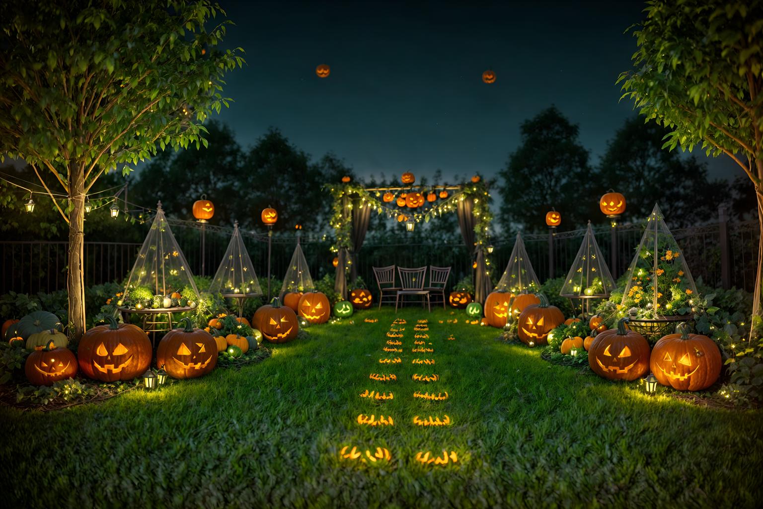 halloween-style designed (outdoor garden ) with garden plants and garden tree and grass and garden plants. . with glowing pumpkins and spiderwebs and lanterns and human skulls and lanterns and cobwebs and skeletons sitting and standing and yellow black balloons. . cinematic photo, highly detailed, cinematic lighting, ultra-detailed, ultrarealistic, photorealism, 8k. halloween design style. masterpiece, cinematic light, ultrarealistic+, photorealistic+, 8k, raw photo, realistic, sharp focus on eyes, (symmetrical eyes), (intact eyes), hyperrealistic, highest quality, best quality, , highly detailed, masterpiece, best quality, extremely detailed 8k wallpaper, masterpiece, best quality, ultra-detailed, best shadow, detailed background, detailed face, detailed eyes, high contrast, best illumination, detailed face, dulux, caustic, dynamic angle, detailed glow. dramatic lighting. highly detailed, insanely detailed hair, symmetrical, intricate details, professionally retouched, 8k high definition. strong bokeh. award winning photo.