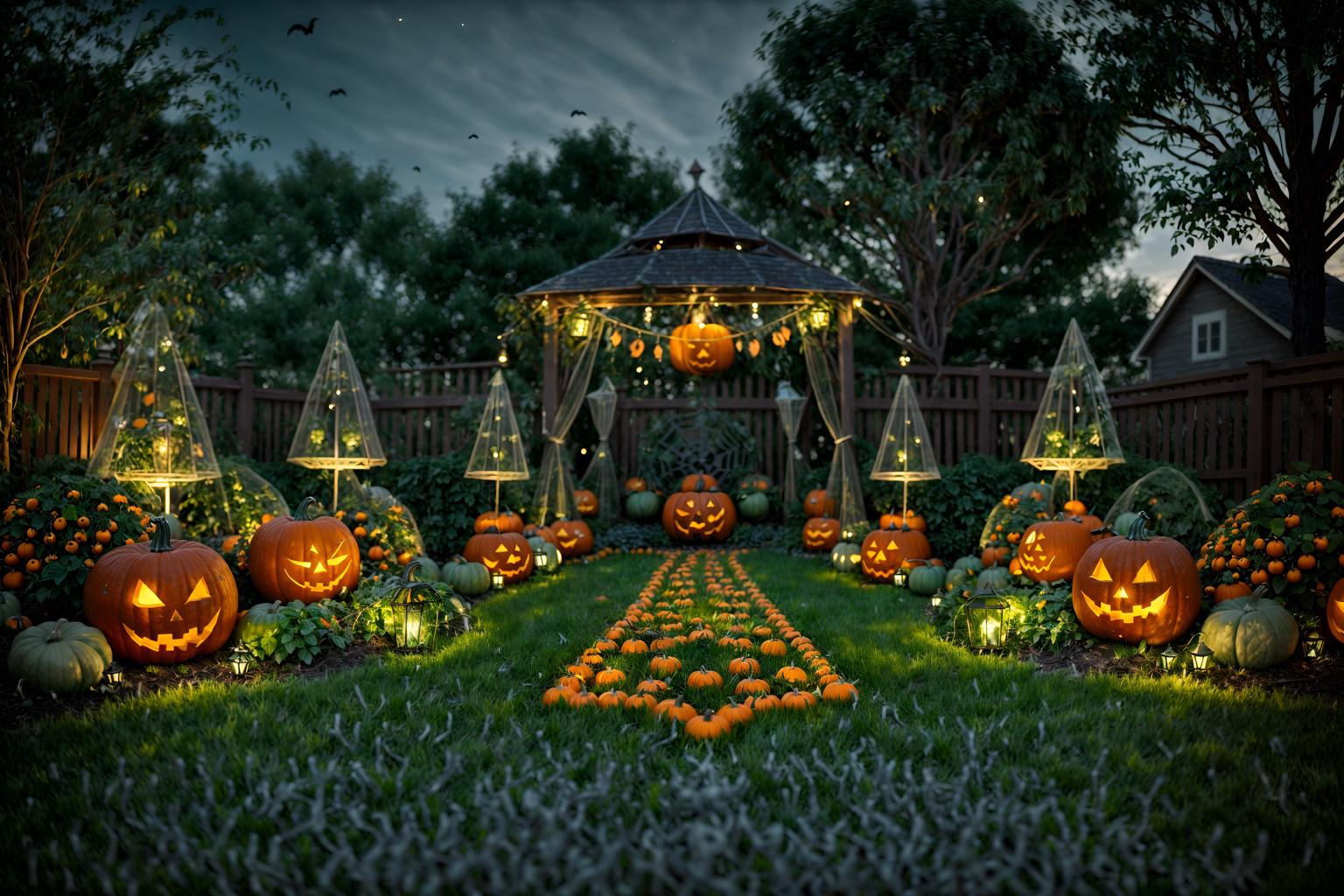 halloween-style designed (outdoor garden ) with garden plants and garden tree and grass and garden plants. . with glowing pumpkins and spiderwebs and lanterns and human skulls and lanterns and cobwebs and skeletons sitting and standing and yellow black balloons. . cinematic photo, highly detailed, cinematic lighting, ultra-detailed, ultrarealistic, photorealism, 8k. halloween design style. masterpiece, cinematic light, ultrarealistic+, photorealistic+, 8k, raw photo, realistic, sharp focus on eyes, (symmetrical eyes), (intact eyes), hyperrealistic, highest quality, best quality, , highly detailed, masterpiece, best quality, extremely detailed 8k wallpaper, masterpiece, best quality, ultra-detailed, best shadow, detailed background, detailed face, detailed eyes, high contrast, best illumination, detailed face, dulux, caustic, dynamic angle, detailed glow. dramatic lighting. highly detailed, insanely detailed hair, symmetrical, intricate details, professionally retouched, 8k high definition. strong bokeh. award winning photo.