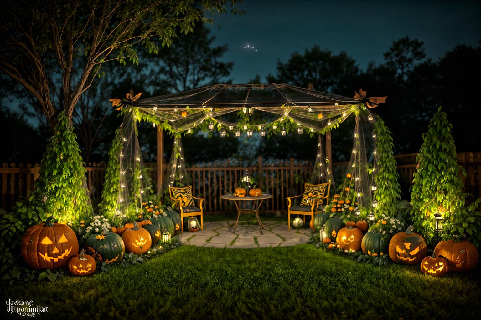 halloween-style designed (outdoor garden ) with garden plants and garden tree and grass and garden plants. . with glowing pumpkins and spiderwebs and lanterns and human skulls and lanterns and cobwebs and skeletons sitting and standing and yellow black balloons. . cinematic photo, highly detailed, cinematic lighting, ultra-detailed, ultrarealistic, photorealism, 8k. halloween design style. masterpiece, cinematic light, ultrarealistic+, photorealistic+, 8k, raw photo, realistic, sharp focus on eyes, (symmetrical eyes), (intact eyes), hyperrealistic, highest quality, best quality, , highly detailed, masterpiece, best quality, extremely detailed 8k wallpaper, masterpiece, best quality, ultra-detailed, best shadow, detailed background, detailed face, detailed eyes, high contrast, best illumination, detailed face, dulux, caustic, dynamic angle, detailed glow. dramatic lighting. highly detailed, insanely detailed hair, symmetrical, intricate details, professionally retouched, 8k high definition. strong bokeh. award winning photo.