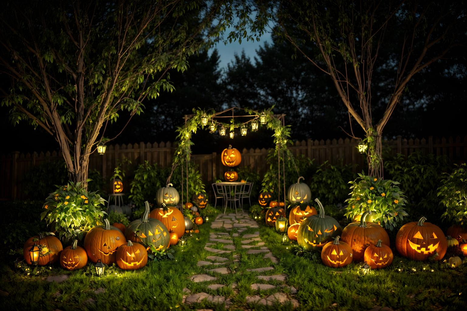 halloween-style designed (outdoor garden ) with garden plants and garden tree and grass and garden plants. . with glowing pumpkins and spiderwebs and lanterns and human skulls and lanterns and cobwebs and skeletons sitting and standing and yellow black balloons. . cinematic photo, highly detailed, cinematic lighting, ultra-detailed, ultrarealistic, photorealism, 8k. halloween design style. masterpiece, cinematic light, ultrarealistic+, photorealistic+, 8k, raw photo, realistic, sharp focus on eyes, (symmetrical eyes), (intact eyes), hyperrealistic, highest quality, best quality, , highly detailed, masterpiece, best quality, extremely detailed 8k wallpaper, masterpiece, best quality, ultra-detailed, best shadow, detailed background, detailed face, detailed eyes, high contrast, best illumination, detailed face, dulux, caustic, dynamic angle, detailed glow. dramatic lighting. highly detailed, insanely detailed hair, symmetrical, intricate details, professionally retouched, 8k high definition. strong bokeh. award winning photo.