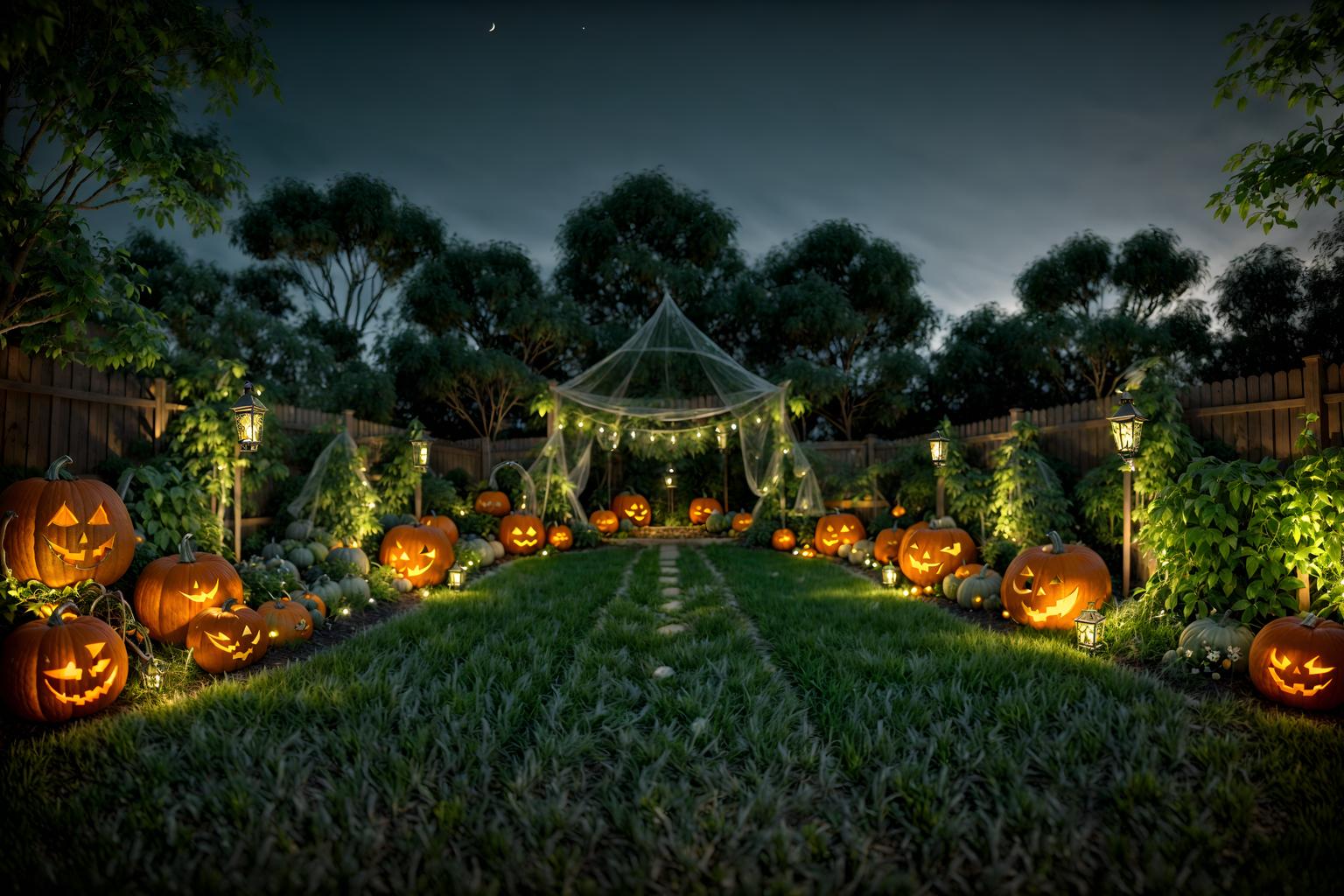 halloween-style designed (outdoor garden ) with garden plants and garden tree and grass and garden plants. . with glowing pumpkins and spiderwebs and lanterns and human skulls and lanterns and cobwebs and skeletons sitting and standing and yellow black balloons. . cinematic photo, highly detailed, cinematic lighting, ultra-detailed, ultrarealistic, photorealism, 8k. halloween design style. masterpiece, cinematic light, ultrarealistic+, photorealistic+, 8k, raw photo, realistic, sharp focus on eyes, (symmetrical eyes), (intact eyes), hyperrealistic, highest quality, best quality, , highly detailed, masterpiece, best quality, extremely detailed 8k wallpaper, masterpiece, best quality, ultra-detailed, best shadow, detailed background, detailed face, detailed eyes, high contrast, best illumination, detailed face, dulux, caustic, dynamic angle, detailed glow. dramatic lighting. highly detailed, insanely detailed hair, symmetrical, intricate details, professionally retouched, 8k high definition. strong bokeh. award winning photo.