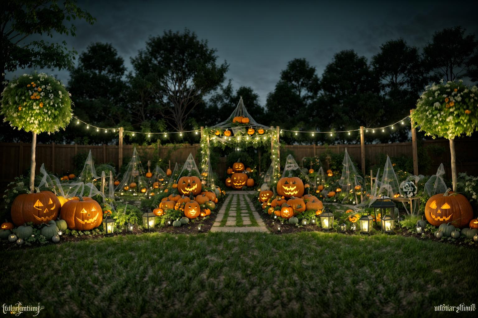 halloween-style designed (outdoor garden ) with garden plants and garden tree and grass and garden plants. . with glowing pumpkins and spiderwebs and lanterns and human skulls and lanterns and cobwebs and skeletons sitting and standing and yellow black balloons. . cinematic photo, highly detailed, cinematic lighting, ultra-detailed, ultrarealistic, photorealism, 8k. halloween design style. masterpiece, cinematic light, ultrarealistic+, photorealistic+, 8k, raw photo, realistic, sharp focus on eyes, (symmetrical eyes), (intact eyes), hyperrealistic, highest quality, best quality, , highly detailed, masterpiece, best quality, extremely detailed 8k wallpaper, masterpiece, best quality, ultra-detailed, best shadow, detailed background, detailed face, detailed eyes, high contrast, best illumination, detailed face, dulux, caustic, dynamic angle, detailed glow. dramatic lighting. highly detailed, insanely detailed hair, symmetrical, intricate details, professionally retouched, 8k high definition. strong bokeh. award winning photo.