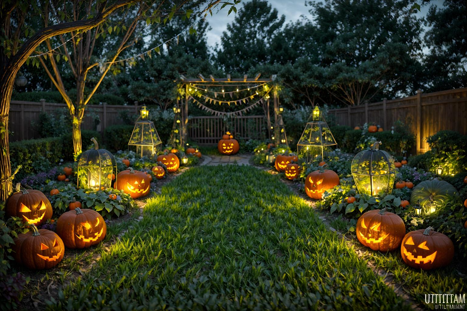 halloween-style designed (outdoor garden ) with garden plants and garden tree and grass and garden plants. . with glowing pumpkins and spiderwebs and lanterns and human skulls and lanterns and cobwebs and skeletons sitting and standing and yellow black balloons. . cinematic photo, highly detailed, cinematic lighting, ultra-detailed, ultrarealistic, photorealism, 8k. halloween design style. masterpiece, cinematic light, ultrarealistic+, photorealistic+, 8k, raw photo, realistic, sharp focus on eyes, (symmetrical eyes), (intact eyes), hyperrealistic, highest quality, best quality, , highly detailed, masterpiece, best quality, extremely detailed 8k wallpaper, masterpiece, best quality, ultra-detailed, best shadow, detailed background, detailed face, detailed eyes, high contrast, best illumination, detailed face, dulux, caustic, dynamic angle, detailed glow. dramatic lighting. highly detailed, insanely detailed hair, symmetrical, intricate details, professionally retouched, 8k high definition. strong bokeh. award winning photo.