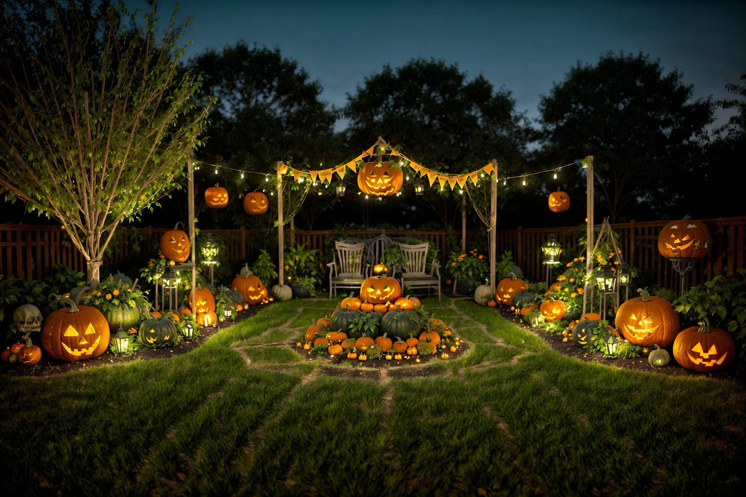 halloween-style designed (outdoor garden ) with garden plants and garden tree and grass and garden plants. . with glowing pumpkins and spiderwebs and lanterns and human skulls and lanterns and cobwebs and skeletons sitting and standing and yellow black balloons. . cinematic photo, highly detailed, cinematic lighting, ultra-detailed, ultrarealistic, photorealism, 8k. halloween design style. masterpiece, cinematic light, ultrarealistic+, photorealistic+, 8k, raw photo, realistic, sharp focus on eyes, (symmetrical eyes), (intact eyes), hyperrealistic, highest quality, best quality, , highly detailed, masterpiece, best quality, extremely detailed 8k wallpaper, masterpiece, best quality, ultra-detailed, best shadow, detailed background, detailed face, detailed eyes, high contrast, best illumination, detailed face, dulux, caustic, dynamic angle, detailed glow. dramatic lighting. highly detailed, insanely detailed hair, symmetrical, intricate details, professionally retouched, 8k high definition. strong bokeh. award winning photo.