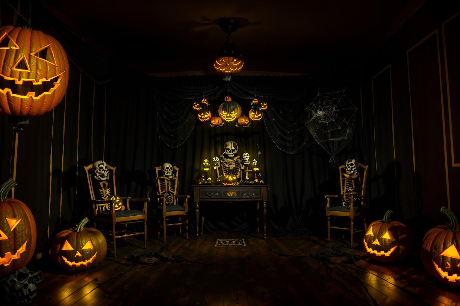 halloween-style (gaming room interior) . with human skulls and yellow black balloons and lanterns and cobwebs and skeletons sitting and standing and cobwebs and lanterns and glowing pumpkins. . cinematic photo, highly detailed, cinematic lighting, ultra-detailed, ultrarealistic, photorealism, 8k. halloween interior design style. masterpiece, cinematic light, ultrarealistic+, photorealistic+, 8k, raw photo, realistic, sharp focus on eyes, (symmetrical eyes), (intact eyes), hyperrealistic, highest quality, best quality, , highly detailed, masterpiece, best quality, extremely detailed 8k wallpaper, masterpiece, best quality, ultra-detailed, best shadow, detailed background, detailed face, detailed eyes, high contrast, best illumination, detailed face, dulux, caustic, dynamic angle, detailed glow. dramatic lighting. highly detailed, insanely detailed hair, symmetrical, intricate details, professionally retouched, 8k high definition. strong bokeh. award winning photo.