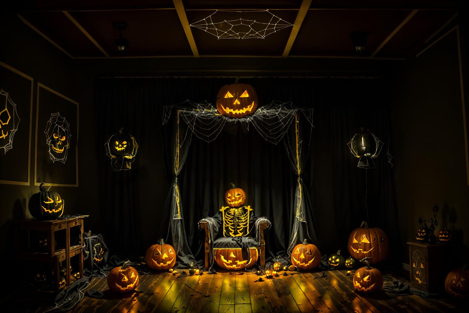 halloween-style (gaming room interior) . with human skulls and yellow black balloons and lanterns and cobwebs and skeletons sitting and standing and cobwebs and lanterns and glowing pumpkins. . cinematic photo, highly detailed, cinematic lighting, ultra-detailed, ultrarealistic, photorealism, 8k. halloween interior design style. masterpiece, cinematic light, ultrarealistic+, photorealistic+, 8k, raw photo, realistic, sharp focus on eyes, (symmetrical eyes), (intact eyes), hyperrealistic, highest quality, best quality, , highly detailed, masterpiece, best quality, extremely detailed 8k wallpaper, masterpiece, best quality, ultra-detailed, best shadow, detailed background, detailed face, detailed eyes, high contrast, best illumination, detailed face, dulux, caustic, dynamic angle, detailed glow. dramatic lighting. highly detailed, insanely detailed hair, symmetrical, intricate details, professionally retouched, 8k high definition. strong bokeh. award winning photo.