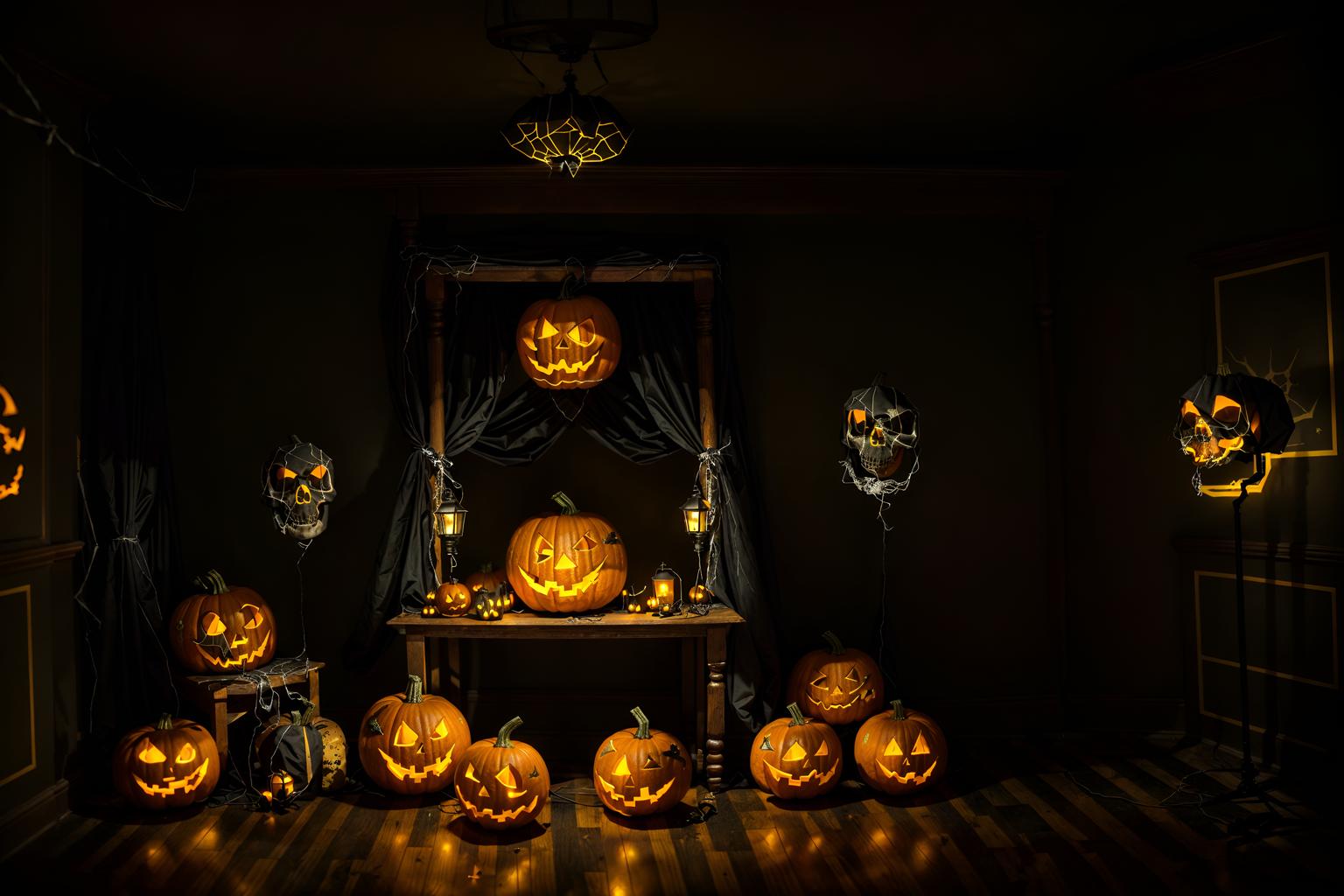 halloween-style (gaming room interior) . with human skulls and yellow black balloons and lanterns and cobwebs and skeletons sitting and standing and cobwebs and lanterns and glowing pumpkins. . cinematic photo, highly detailed, cinematic lighting, ultra-detailed, ultrarealistic, photorealism, 8k. halloween interior design style. masterpiece, cinematic light, ultrarealistic+, photorealistic+, 8k, raw photo, realistic, sharp focus on eyes, (symmetrical eyes), (intact eyes), hyperrealistic, highest quality, best quality, , highly detailed, masterpiece, best quality, extremely detailed 8k wallpaper, masterpiece, best quality, ultra-detailed, best shadow, detailed background, detailed face, detailed eyes, high contrast, best illumination, detailed face, dulux, caustic, dynamic angle, detailed glow. dramatic lighting. highly detailed, insanely detailed hair, symmetrical, intricate details, professionally retouched, 8k high definition. strong bokeh. award winning photo.