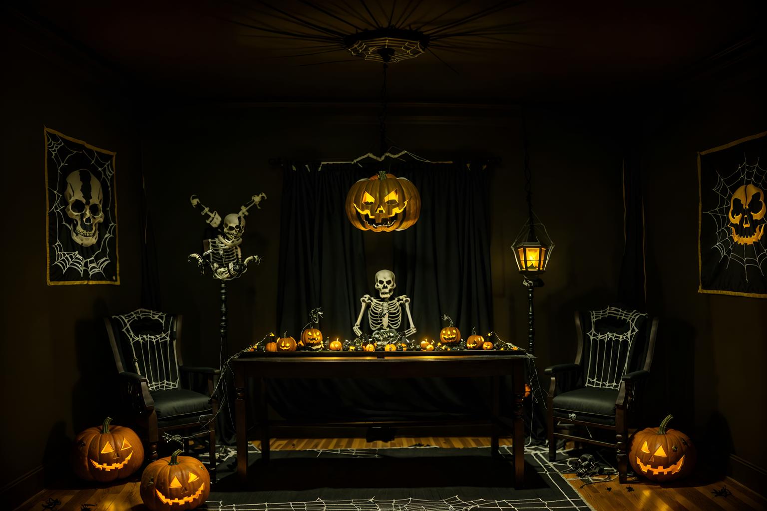 halloween-style (gaming room interior) . with human skulls and yellow black balloons and lanterns and cobwebs and skeletons sitting and standing and cobwebs and lanterns and glowing pumpkins. . cinematic photo, highly detailed, cinematic lighting, ultra-detailed, ultrarealistic, photorealism, 8k. halloween interior design style. masterpiece, cinematic light, ultrarealistic+, photorealistic+, 8k, raw photo, realistic, sharp focus on eyes, (symmetrical eyes), (intact eyes), hyperrealistic, highest quality, best quality, , highly detailed, masterpiece, best quality, extremely detailed 8k wallpaper, masterpiece, best quality, ultra-detailed, best shadow, detailed background, detailed face, detailed eyes, high contrast, best illumination, detailed face, dulux, caustic, dynamic angle, detailed glow. dramatic lighting. highly detailed, insanely detailed hair, symmetrical, intricate details, professionally retouched, 8k high definition. strong bokeh. award winning photo.