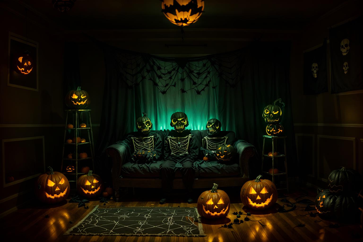 halloween-style (gaming room interior) . with human skulls and yellow black balloons and lanterns and cobwebs and skeletons sitting and standing and cobwebs and lanterns and glowing pumpkins. . cinematic photo, highly detailed, cinematic lighting, ultra-detailed, ultrarealistic, photorealism, 8k. halloween interior design style. masterpiece, cinematic light, ultrarealistic+, photorealistic+, 8k, raw photo, realistic, sharp focus on eyes, (symmetrical eyes), (intact eyes), hyperrealistic, highest quality, best quality, , highly detailed, masterpiece, best quality, extremely detailed 8k wallpaper, masterpiece, best quality, ultra-detailed, best shadow, detailed background, detailed face, detailed eyes, high contrast, best illumination, detailed face, dulux, caustic, dynamic angle, detailed glow. dramatic lighting. highly detailed, insanely detailed hair, symmetrical, intricate details, professionally retouched, 8k high definition. strong bokeh. award winning photo.