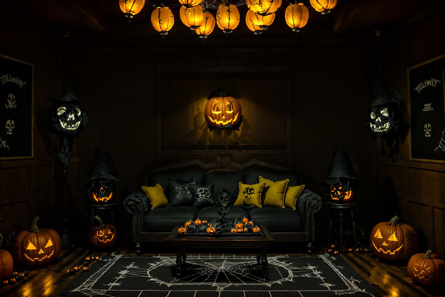 halloween-style (gaming room interior) . with human skulls and yellow black balloons and lanterns and cobwebs and skeletons sitting and standing and cobwebs and lanterns and glowing pumpkins. . cinematic photo, highly detailed, cinematic lighting, ultra-detailed, ultrarealistic, photorealism, 8k. halloween interior design style. masterpiece, cinematic light, ultrarealistic+, photorealistic+, 8k, raw photo, realistic, sharp focus on eyes, (symmetrical eyes), (intact eyes), hyperrealistic, highest quality, best quality, , highly detailed, masterpiece, best quality, extremely detailed 8k wallpaper, masterpiece, best quality, ultra-detailed, best shadow, detailed background, detailed face, detailed eyes, high contrast, best illumination, detailed face, dulux, caustic, dynamic angle, detailed glow. dramatic lighting. highly detailed, insanely detailed hair, symmetrical, intricate details, professionally retouched, 8k high definition. strong bokeh. award winning photo.