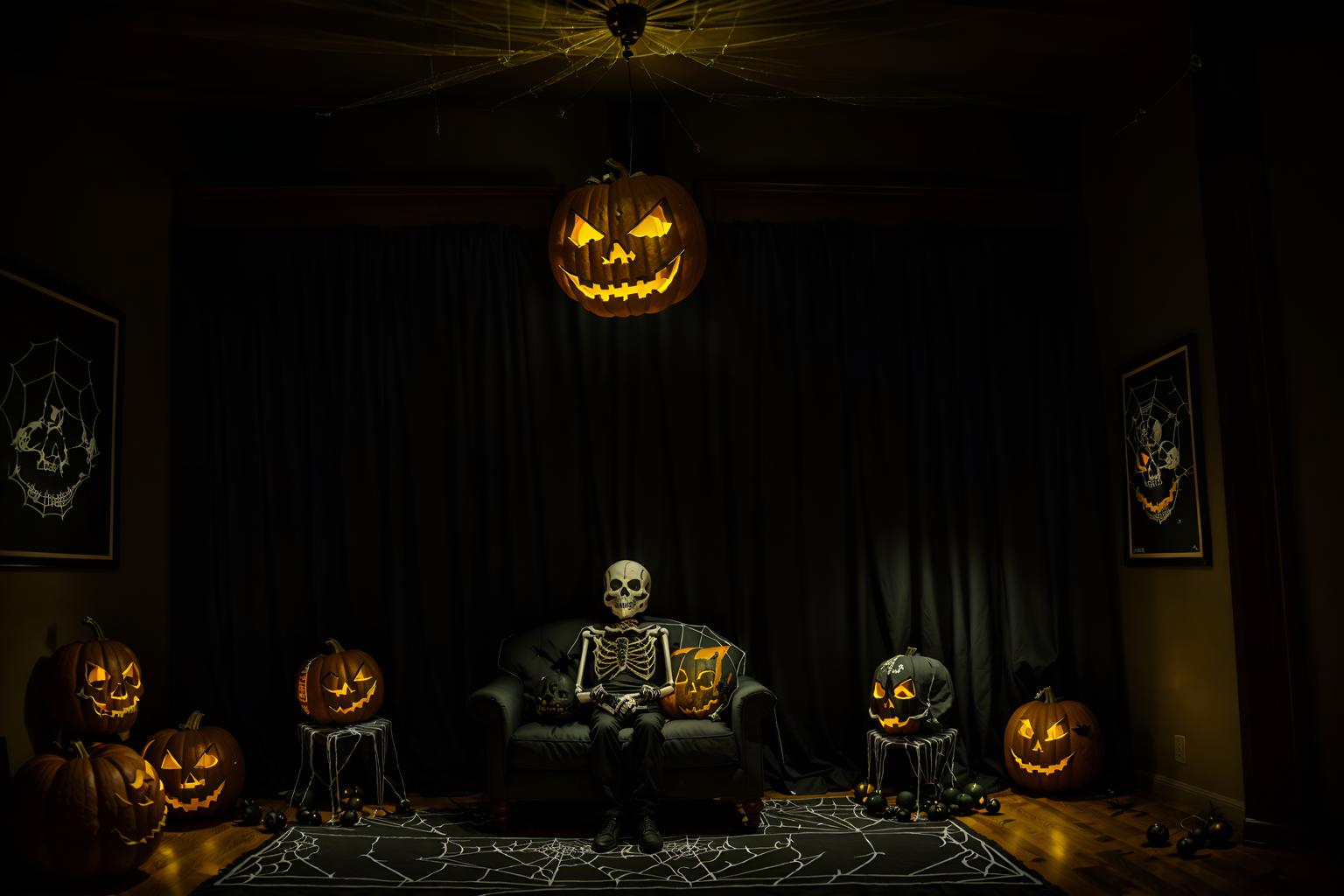 halloween-style (gaming room interior) . with human skulls and yellow black balloons and lanterns and cobwebs and skeletons sitting and standing and cobwebs and lanterns and glowing pumpkins. . cinematic photo, highly detailed, cinematic lighting, ultra-detailed, ultrarealistic, photorealism, 8k. halloween interior design style. masterpiece, cinematic light, ultrarealistic+, photorealistic+, 8k, raw photo, realistic, sharp focus on eyes, (symmetrical eyes), (intact eyes), hyperrealistic, highest quality, best quality, , highly detailed, masterpiece, best quality, extremely detailed 8k wallpaper, masterpiece, best quality, ultra-detailed, best shadow, detailed background, detailed face, detailed eyes, high contrast, best illumination, detailed face, dulux, caustic, dynamic angle, detailed glow. dramatic lighting. highly detailed, insanely detailed hair, symmetrical, intricate details, professionally retouched, 8k high definition. strong bokeh. award winning photo.