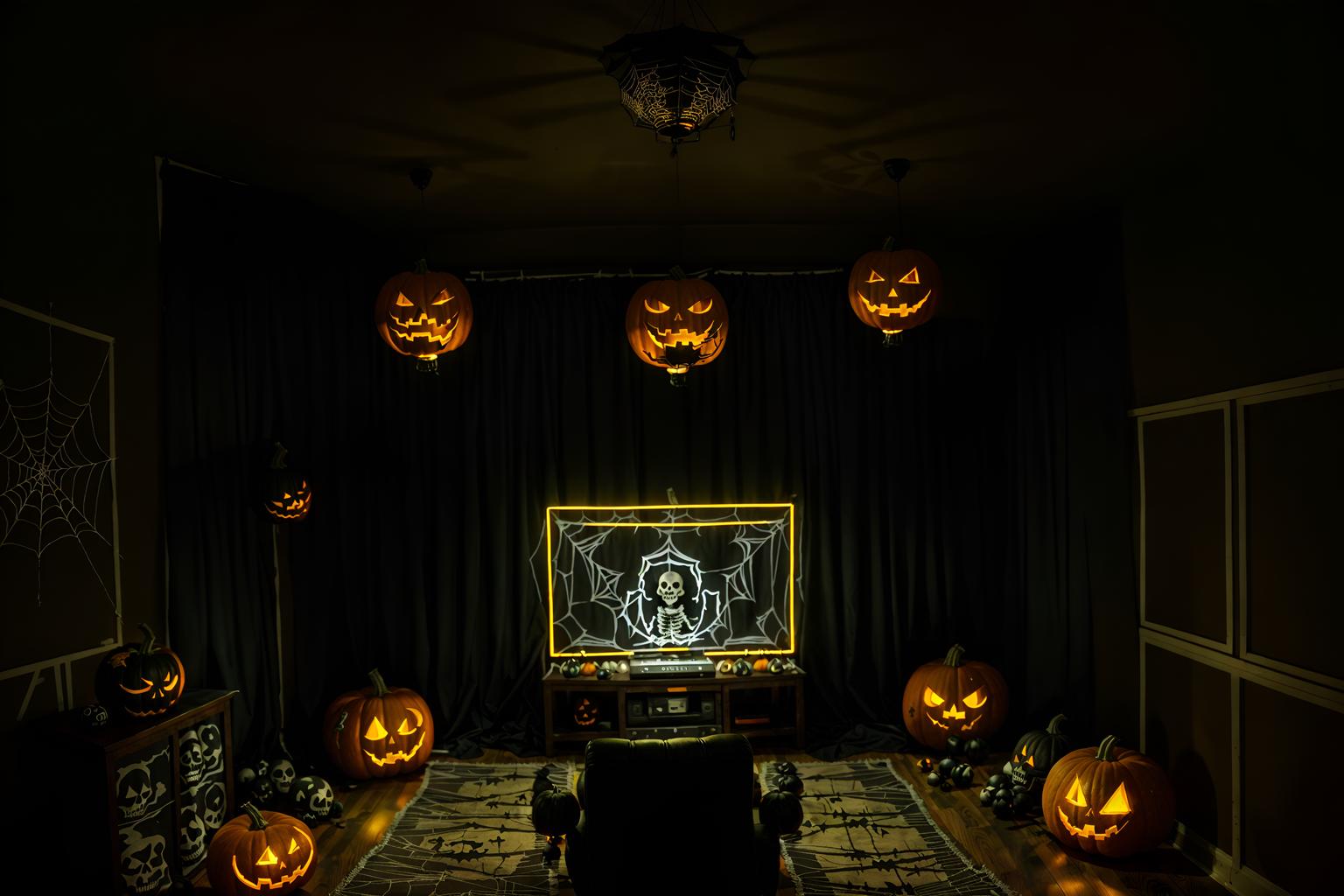 halloween-style (gaming room interior) . with human skulls and yellow black balloons and lanterns and cobwebs and skeletons sitting and standing and cobwebs and lanterns and glowing pumpkins. . cinematic photo, highly detailed, cinematic lighting, ultra-detailed, ultrarealistic, photorealism, 8k. halloween interior design style. masterpiece, cinematic light, ultrarealistic+, photorealistic+, 8k, raw photo, realistic, sharp focus on eyes, (symmetrical eyes), (intact eyes), hyperrealistic, highest quality, best quality, , highly detailed, masterpiece, best quality, extremely detailed 8k wallpaper, masterpiece, best quality, ultra-detailed, best shadow, detailed background, detailed face, detailed eyes, high contrast, best illumination, detailed face, dulux, caustic, dynamic angle, detailed glow. dramatic lighting. highly detailed, insanely detailed hair, symmetrical, intricate details, professionally retouched, 8k high definition. strong bokeh. award winning photo.