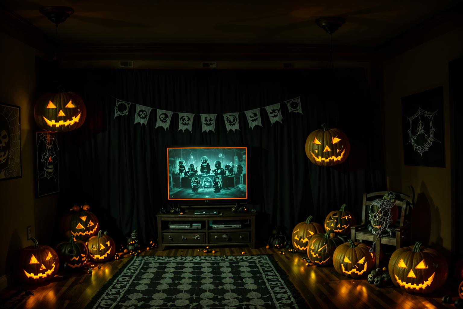 halloween-style (gaming room interior) . with human skulls and yellow black balloons and lanterns and cobwebs and skeletons sitting and standing and cobwebs and lanterns and glowing pumpkins. . cinematic photo, highly detailed, cinematic lighting, ultra-detailed, ultrarealistic, photorealism, 8k. halloween interior design style. masterpiece, cinematic light, ultrarealistic+, photorealistic+, 8k, raw photo, realistic, sharp focus on eyes, (symmetrical eyes), (intact eyes), hyperrealistic, highest quality, best quality, , highly detailed, masterpiece, best quality, extremely detailed 8k wallpaper, masterpiece, best quality, ultra-detailed, best shadow, detailed background, detailed face, detailed eyes, high contrast, best illumination, detailed face, dulux, caustic, dynamic angle, detailed glow. dramatic lighting. highly detailed, insanely detailed hair, symmetrical, intricate details, professionally retouched, 8k high definition. strong bokeh. award winning photo.