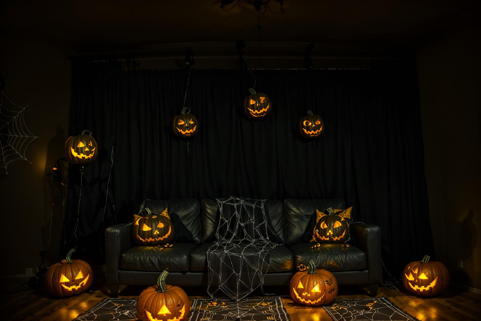 halloween-style (gaming room interior) . with human skulls and yellow black balloons and lanterns and cobwebs and skeletons sitting and standing and cobwebs and lanterns and glowing pumpkins. . cinematic photo, highly detailed, cinematic lighting, ultra-detailed, ultrarealistic, photorealism, 8k. halloween interior design style. masterpiece, cinematic light, ultrarealistic+, photorealistic+, 8k, raw photo, realistic, sharp focus on eyes, (symmetrical eyes), (intact eyes), hyperrealistic, highest quality, best quality, , highly detailed, masterpiece, best quality, extremely detailed 8k wallpaper, masterpiece, best quality, ultra-detailed, best shadow, detailed background, detailed face, detailed eyes, high contrast, best illumination, detailed face, dulux, caustic, dynamic angle, detailed glow. dramatic lighting. highly detailed, insanely detailed hair, symmetrical, intricate details, professionally retouched, 8k high definition. strong bokeh. award winning photo.