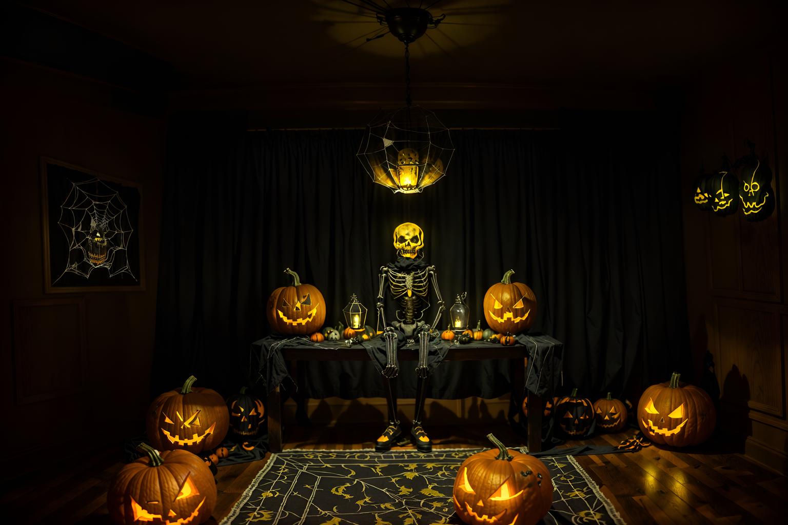 halloween-style (gaming room interior) . with human skulls and yellow black balloons and lanterns and cobwebs and skeletons sitting and standing and cobwebs and lanterns and glowing pumpkins. . cinematic photo, highly detailed, cinematic lighting, ultra-detailed, ultrarealistic, photorealism, 8k. halloween interior design style. masterpiece, cinematic light, ultrarealistic+, photorealistic+, 8k, raw photo, realistic, sharp focus on eyes, (symmetrical eyes), (intact eyes), hyperrealistic, highest quality, best quality, , highly detailed, masterpiece, best quality, extremely detailed 8k wallpaper, masterpiece, best quality, ultra-detailed, best shadow, detailed background, detailed face, detailed eyes, high contrast, best illumination, detailed face, dulux, caustic, dynamic angle, detailed glow. dramatic lighting. highly detailed, insanely detailed hair, symmetrical, intricate details, professionally retouched, 8k high definition. strong bokeh. award winning photo.