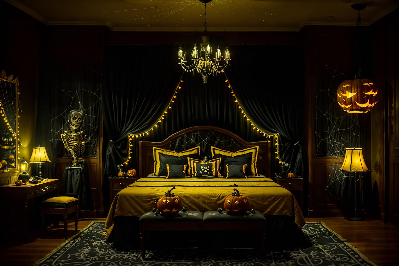 halloween-style (hotel room interior) with bed and storage bench or ottoman and hotel bathroom and accent chair and plant and night light and mirror and headboard. . with lanterns and skeletons sitting and standing and spiderwebs and glowing pumpkins and yellow black balloons and lanterns and cobwebs and human skulls. . cinematic photo, highly detailed, cinematic lighting, ultra-detailed, ultrarealistic, photorealism, 8k. halloween interior design style. masterpiece, cinematic light, ultrarealistic+, photorealistic+, 8k, raw photo, realistic, sharp focus on eyes, (symmetrical eyes), (intact eyes), hyperrealistic, highest quality, best quality, , highly detailed, masterpiece, best quality, extremely detailed 8k wallpaper, masterpiece, best quality, ultra-detailed, best shadow, detailed background, detailed face, detailed eyes, high contrast, best illumination, detailed face, dulux, caustic, dynamic angle, detailed glow. dramatic lighting. highly detailed, insanely detailed hair, symmetrical, intricate details, professionally retouched, 8k high definition. strong bokeh. award winning photo.