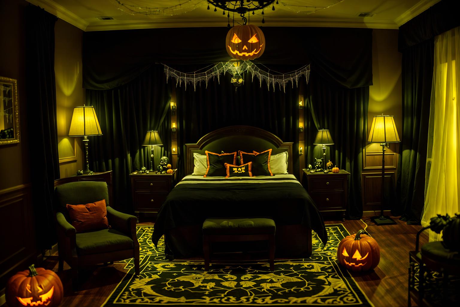 halloween-style (hotel room interior) with bed and storage bench or ottoman and hotel bathroom and accent chair and plant and night light and mirror and headboard. . with lanterns and skeletons sitting and standing and spiderwebs and glowing pumpkins and yellow black balloons and lanterns and cobwebs and human skulls. . cinematic photo, highly detailed, cinematic lighting, ultra-detailed, ultrarealistic, photorealism, 8k. halloween interior design style. masterpiece, cinematic light, ultrarealistic+, photorealistic+, 8k, raw photo, realistic, sharp focus on eyes, (symmetrical eyes), (intact eyes), hyperrealistic, highest quality, best quality, , highly detailed, masterpiece, best quality, extremely detailed 8k wallpaper, masterpiece, best quality, ultra-detailed, best shadow, detailed background, detailed face, detailed eyes, high contrast, best illumination, detailed face, dulux, caustic, dynamic angle, detailed glow. dramatic lighting. highly detailed, insanely detailed hair, symmetrical, intricate details, professionally retouched, 8k high definition. strong bokeh. award winning photo.