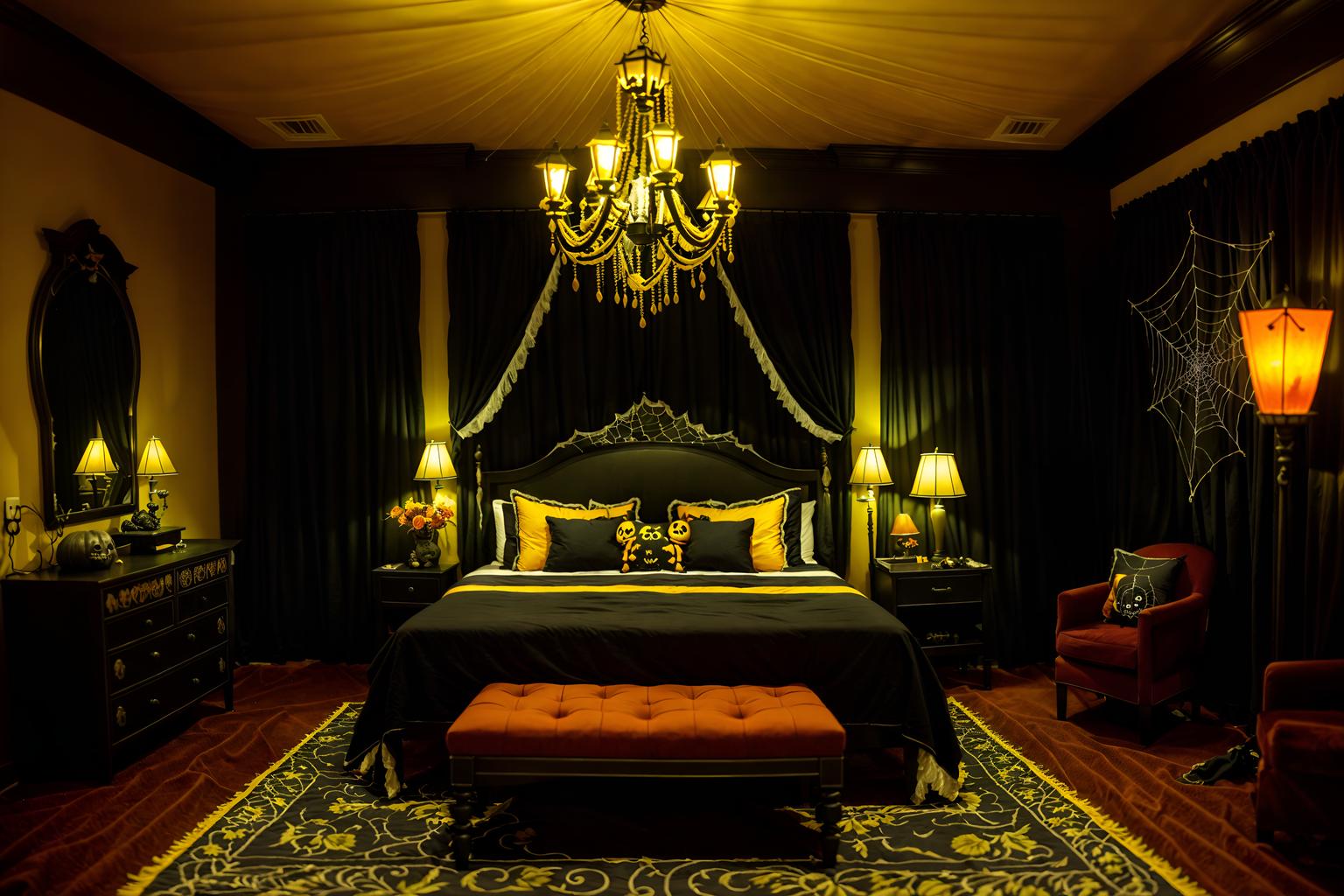 halloween-style (hotel room interior) with bed and storage bench or ottoman and hotel bathroom and accent chair and plant and night light and mirror and headboard. . with lanterns and skeletons sitting and standing and spiderwebs and glowing pumpkins and yellow black balloons and lanterns and cobwebs and human skulls. . cinematic photo, highly detailed, cinematic lighting, ultra-detailed, ultrarealistic, photorealism, 8k. halloween interior design style. masterpiece, cinematic light, ultrarealistic+, photorealistic+, 8k, raw photo, realistic, sharp focus on eyes, (symmetrical eyes), (intact eyes), hyperrealistic, highest quality, best quality, , highly detailed, masterpiece, best quality, extremely detailed 8k wallpaper, masterpiece, best quality, ultra-detailed, best shadow, detailed background, detailed face, detailed eyes, high contrast, best illumination, detailed face, dulux, caustic, dynamic angle, detailed glow. dramatic lighting. highly detailed, insanely detailed hair, symmetrical, intricate details, professionally retouched, 8k high definition. strong bokeh. award winning photo.