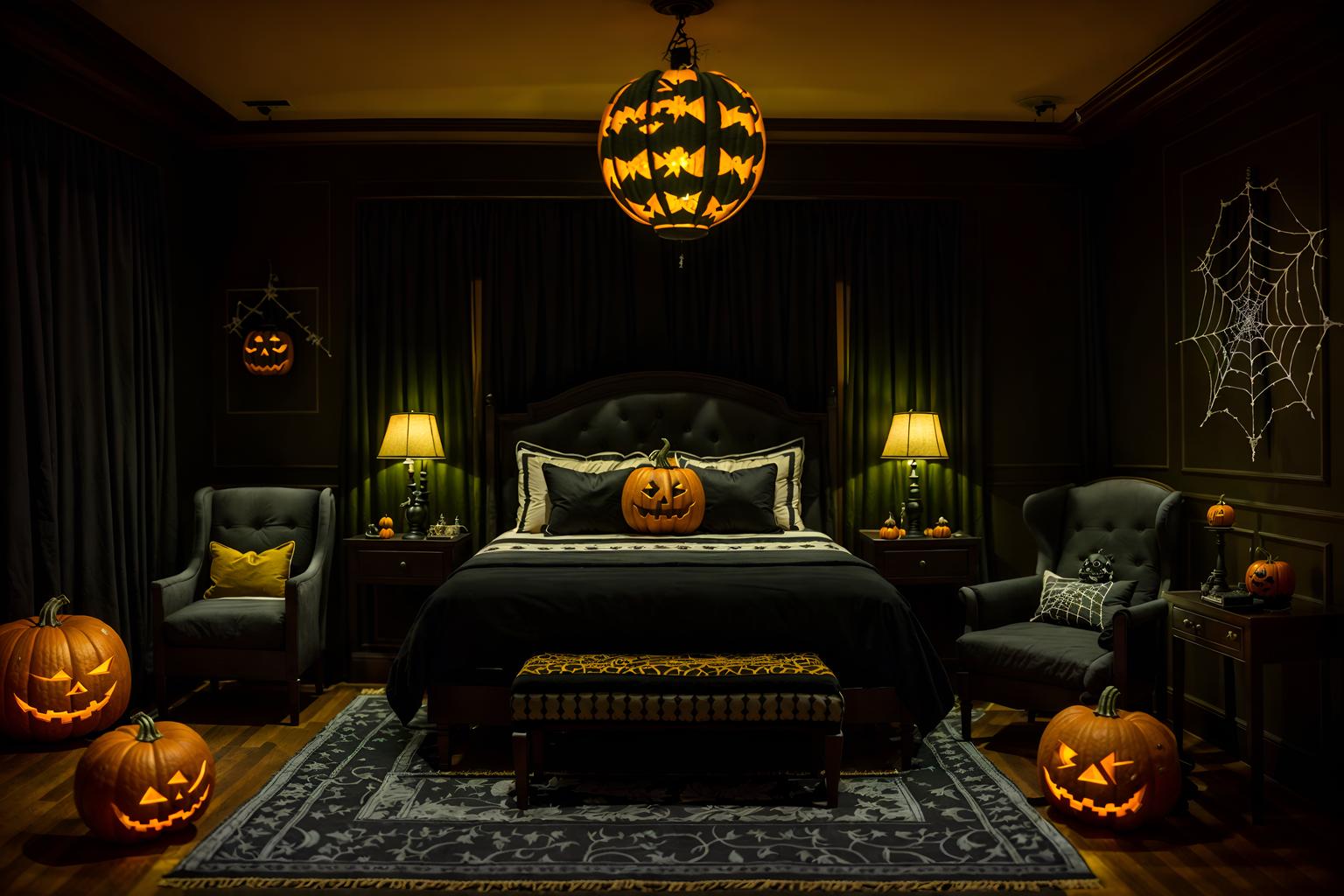 halloween-style (hotel room interior) with bed and storage bench or ottoman and hotel bathroom and accent chair and plant and night light and mirror and headboard. . with lanterns and skeletons sitting and standing and spiderwebs and glowing pumpkins and yellow black balloons and lanterns and cobwebs and human skulls. . cinematic photo, highly detailed, cinematic lighting, ultra-detailed, ultrarealistic, photorealism, 8k. halloween interior design style. masterpiece, cinematic light, ultrarealistic+, photorealistic+, 8k, raw photo, realistic, sharp focus on eyes, (symmetrical eyes), (intact eyes), hyperrealistic, highest quality, best quality, , highly detailed, masterpiece, best quality, extremely detailed 8k wallpaper, masterpiece, best quality, ultra-detailed, best shadow, detailed background, detailed face, detailed eyes, high contrast, best illumination, detailed face, dulux, caustic, dynamic angle, detailed glow. dramatic lighting. highly detailed, insanely detailed hair, symmetrical, intricate details, professionally retouched, 8k high definition. strong bokeh. award winning photo.