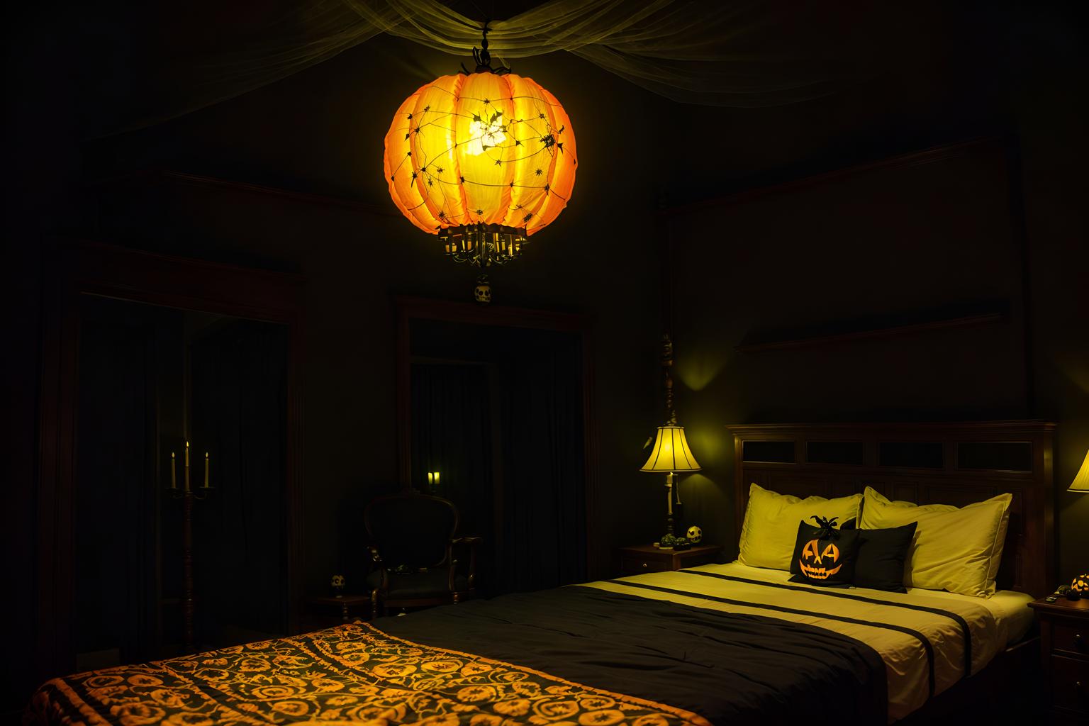 halloween-style (hotel room interior) with bed and storage bench or ottoman and hotel bathroom and accent chair and plant and night light and mirror and headboard. . with lanterns and skeletons sitting and standing and spiderwebs and glowing pumpkins and yellow black balloons and lanterns and cobwebs and human skulls. . cinematic photo, highly detailed, cinematic lighting, ultra-detailed, ultrarealistic, photorealism, 8k. halloween interior design style. masterpiece, cinematic light, ultrarealistic+, photorealistic+, 8k, raw photo, realistic, sharp focus on eyes, (symmetrical eyes), (intact eyes), hyperrealistic, highest quality, best quality, , highly detailed, masterpiece, best quality, extremely detailed 8k wallpaper, masterpiece, best quality, ultra-detailed, best shadow, detailed background, detailed face, detailed eyes, high contrast, best illumination, detailed face, dulux, caustic, dynamic angle, detailed glow. dramatic lighting. highly detailed, insanely detailed hair, symmetrical, intricate details, professionally retouched, 8k high definition. strong bokeh. award winning photo.