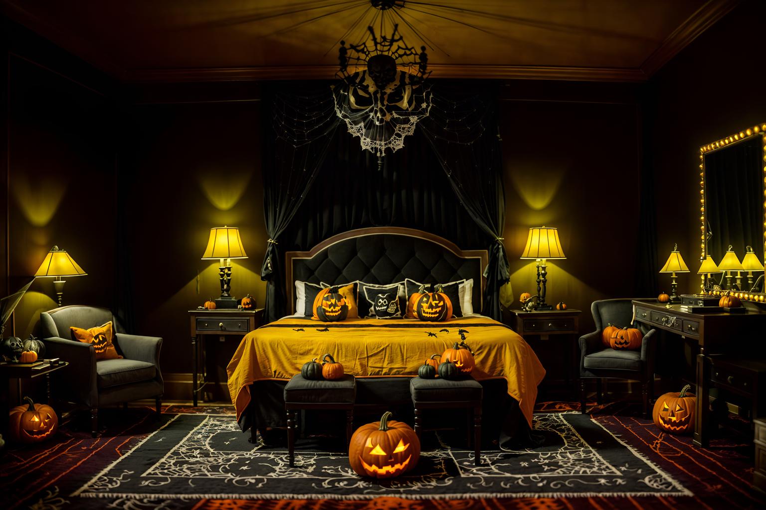 halloween-style (hotel room interior) with bed and storage bench or ottoman and hotel bathroom and accent chair and plant and night light and mirror and headboard. . with lanterns and skeletons sitting and standing and spiderwebs and glowing pumpkins and yellow black balloons and lanterns and cobwebs and human skulls. . cinematic photo, highly detailed, cinematic lighting, ultra-detailed, ultrarealistic, photorealism, 8k. halloween interior design style. masterpiece, cinematic light, ultrarealistic+, photorealistic+, 8k, raw photo, realistic, sharp focus on eyes, (symmetrical eyes), (intact eyes), hyperrealistic, highest quality, best quality, , highly detailed, masterpiece, best quality, extremely detailed 8k wallpaper, masterpiece, best quality, ultra-detailed, best shadow, detailed background, detailed face, detailed eyes, high contrast, best illumination, detailed face, dulux, caustic, dynamic angle, detailed glow. dramatic lighting. highly detailed, insanely detailed hair, symmetrical, intricate details, professionally retouched, 8k high definition. strong bokeh. award winning photo.